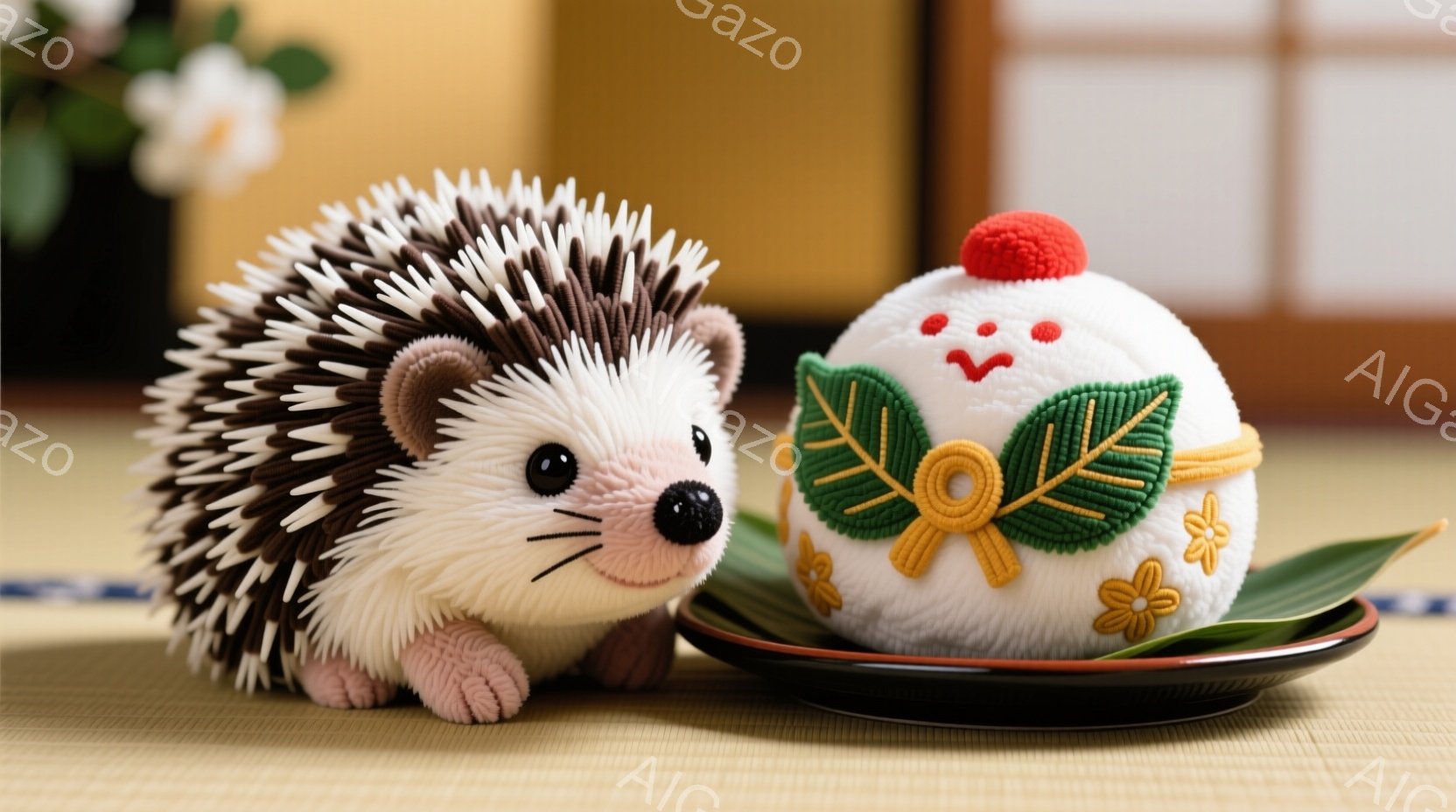 畳の上に、ハリネズミのぬいぐるみと、丸いお飾り（だるまの形？）が置かれています。ハリネズミは茶色と白の毛並みで、少し上目遣い、お飾りは白地に赤い顔と金色の装飾が施されています。背景にはぼやけた花瓶と障子が見え、全体的に穏やかで温かい雰囲気です。