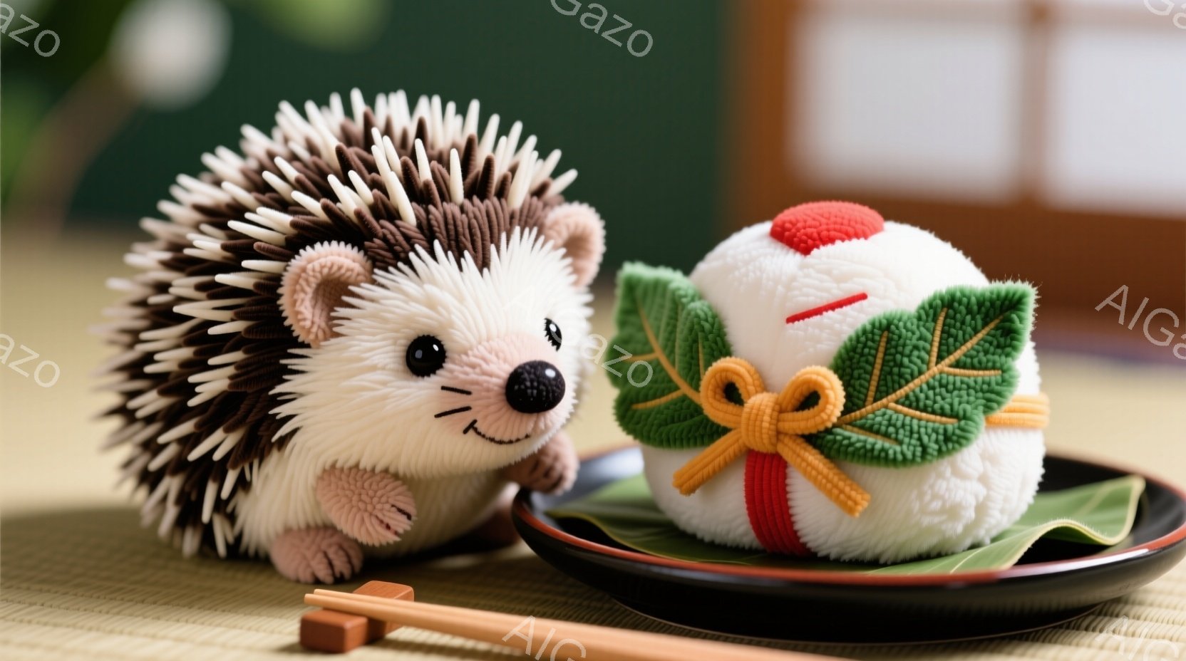 ふわふわの茶色のハリネズミのぬいぐるみと、お祝いの飾りを施したお餅が黒いお皿に乗っています。ハリネズミは正面を見つめ、可愛らしい表情をしています。背景には畳のような織物とぼやけた緑が見え、静かで温かい雰囲気が漂います。