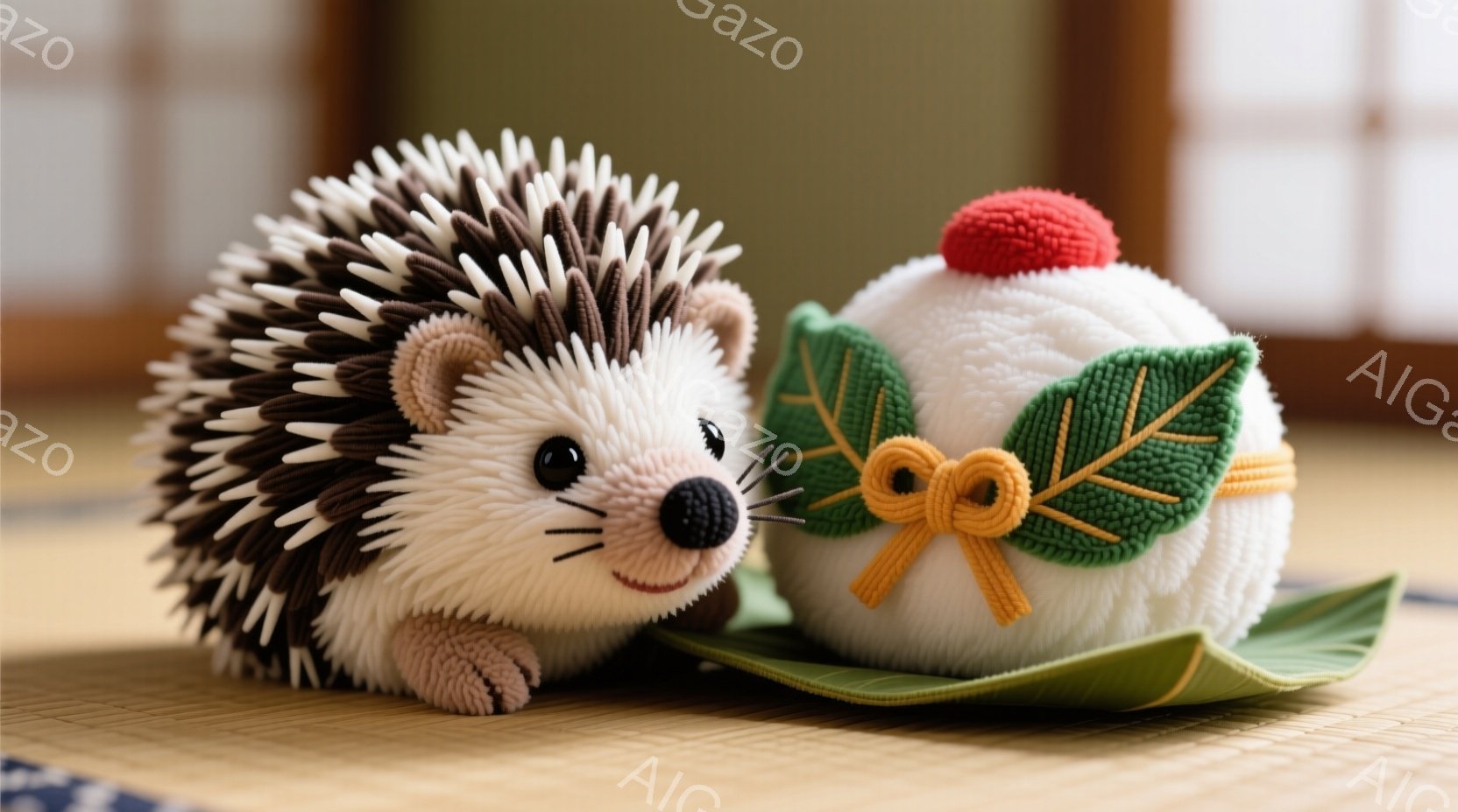 可愛らしいハリネズミのぬいぐるみと、お団子を模したぬいぐるみが畳の上に並んでいます。ハリネズミは茶色い体毛で覆われ、愛らしい表情をしています。背景にはぼやけた畳部屋の一部が見え、温かく落ち着いた雰囲気です。