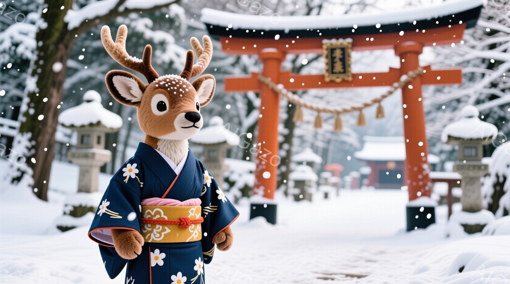 雪が降り積もる中で、可愛らしい鹿のキャラクターが着物を着て立っています。紺色の着物には白い花柄が散りばめられ、赤い帯が目を引きます。背景には朱色の鳥居と雪景色が広がり、幻想的な雰囲気を醸し出しています - AI生成フリー素材
