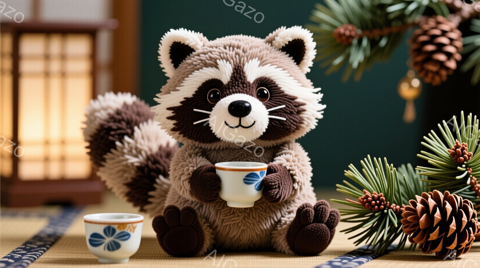 ふわふわの茶色のタヌキのぬいぐるみは、片手に小さな白い湯呑みを持って座っています。湯呑みには青い花模様が描かれており、ぬいぐるみは穏やかで優しい表情をしています。背景には畳と襖、そして緑の葉と松ぼっくりがあり、日本の伝統的な雰囲気を感じさせる静かな空間が表現されています。