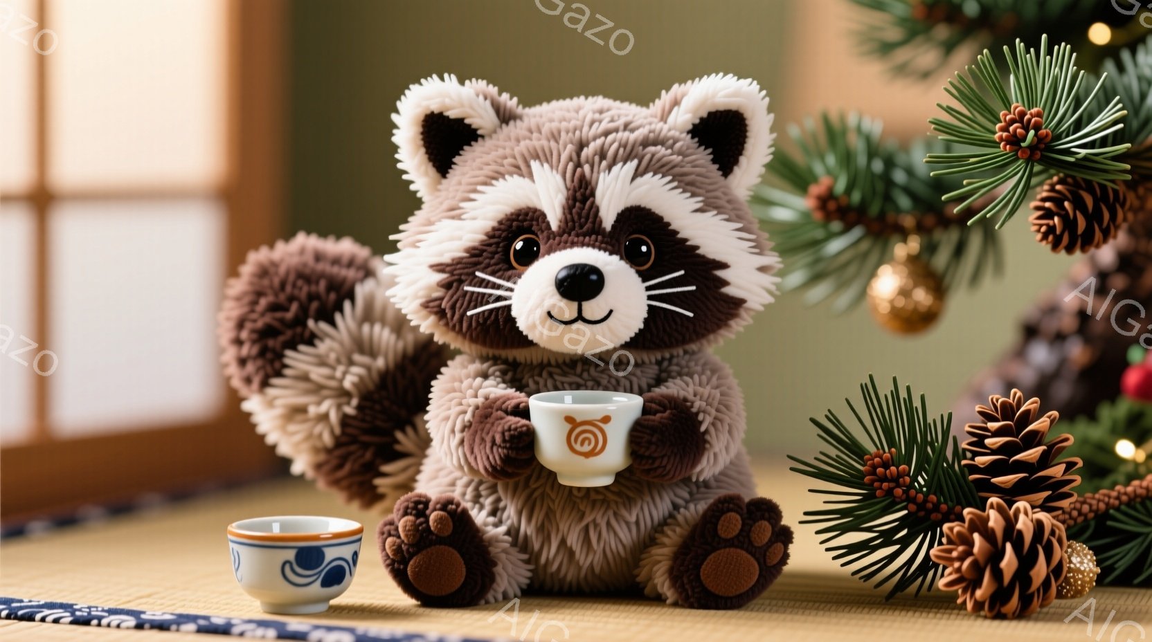 ふわふわの茶色のタヌキのぬいぐるみは、畳の上に座って湯呑み茶碗を両手で抱えています。背景には、日本の伝統的な障子と、クリスマスツリーの飾りと松ぼっくりがあり、和と洋の組み合わせが特徴的です。暖かく、居心地の良い、お正月のような雰囲気が漂います。