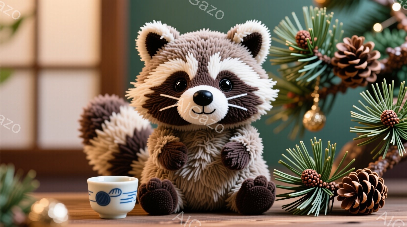 ふわふわのラッコのぬいぐるみが、木製のテーブルの上に座っています。ラッコは黒いマスクとふさふさの尻尾が特徴で、小さな白い湯呑みの隣に座り、優しい表情をしています。背景には、緑の葉や松ぼっくり、そしてぼんやりとした光が飾られたクリスマスツリーの一部が見え、温かく可愛らしい雰囲気を醸し出しています。