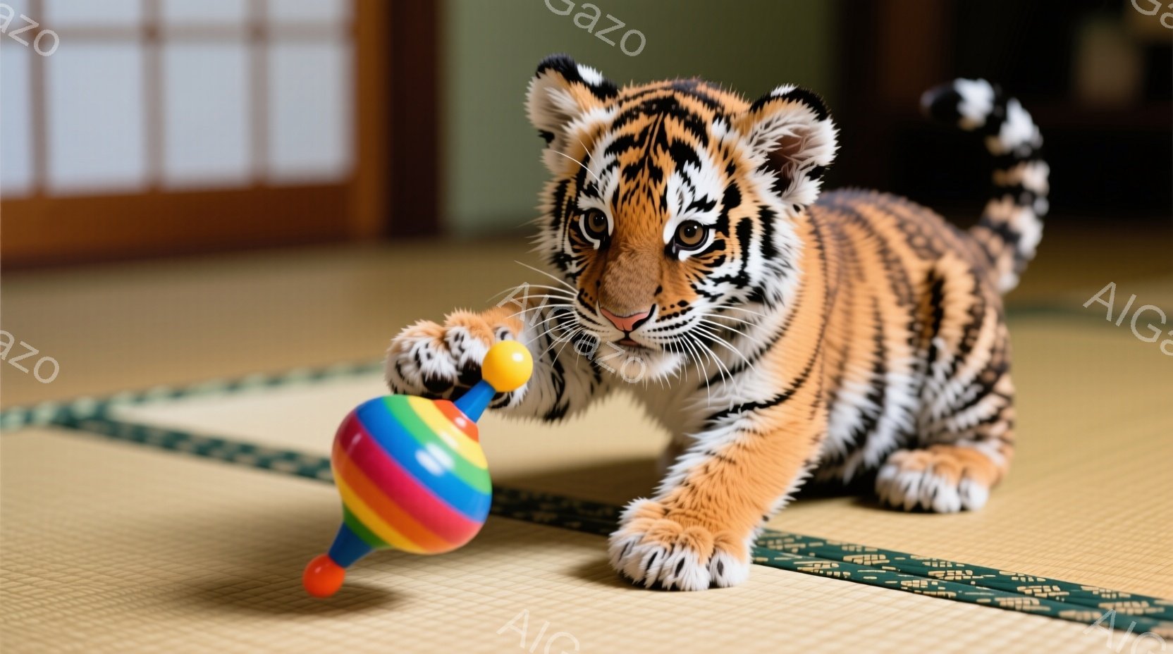 小さなトラの子供が、カラフルなラトル（ガラガラ）のおもちゃを前足で遊んでいます。畳の上に座り、前方に視線を向け、好奇心旺盛な表情をしています。背景には、日本の伝統的な襖や畳が見え、室内は明るく温かい雰囲気です。