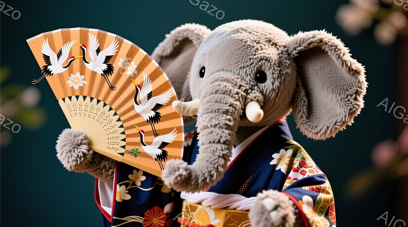 灰色の象のぬいぐるみは、濃い藍色と金色の華やかな和服を着ています。片手に扇子を持ち、少し微笑んでいるように見え、上品で可愛らしい雰囲気を醸し出しています。背景にはぼやけた桜の花びらが散りばめられており、春の穏やかな情景を思わせます。