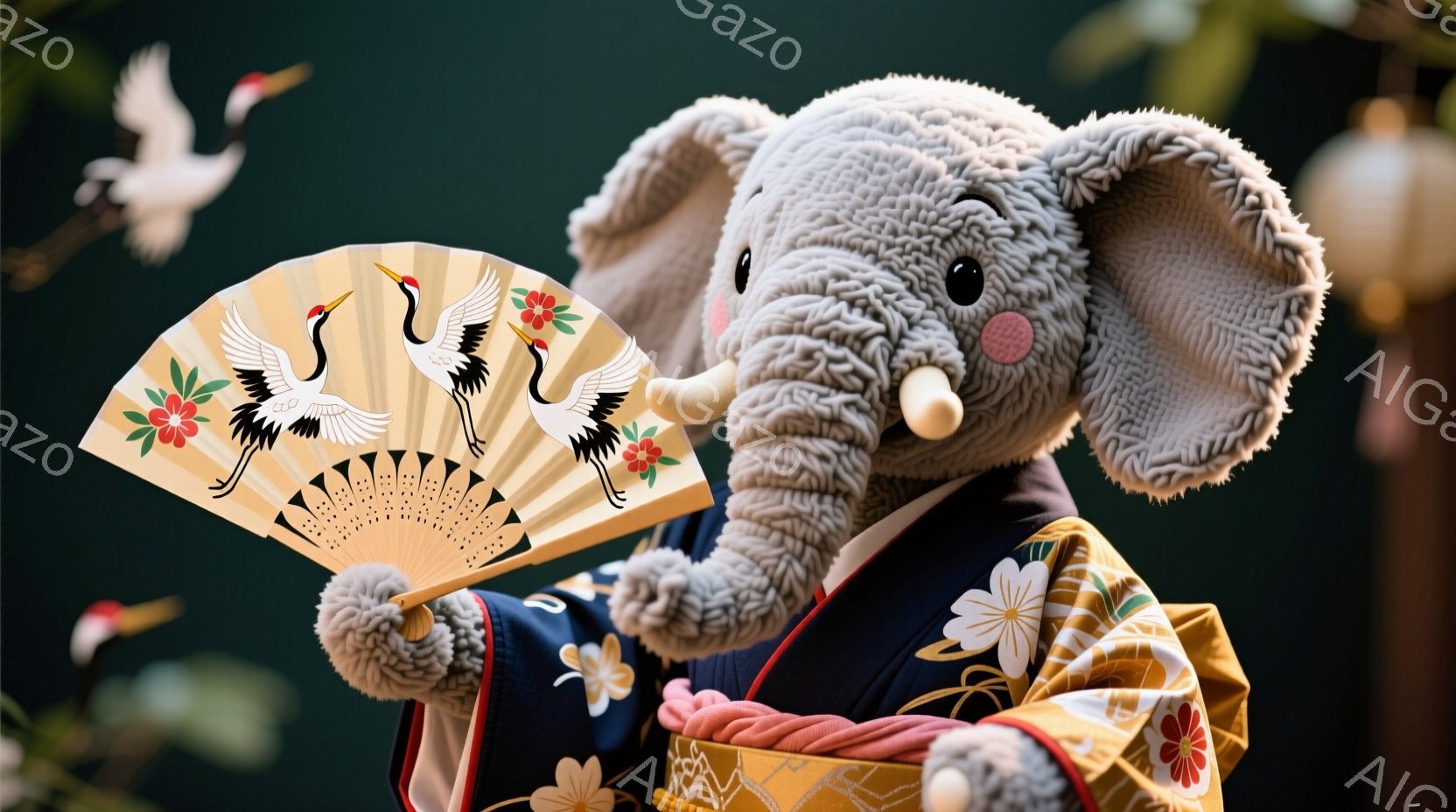 灰色の象が日本の伝統衣装である着物を着て、扇子を持っています。着物は黒地に金色の花模様が描かれており、赤い帯が締まっています。背景には緑豊かな自然と、舞い上がる鶴が描かれており、穏やかで優雅な雰囲気を醸し出しています。
