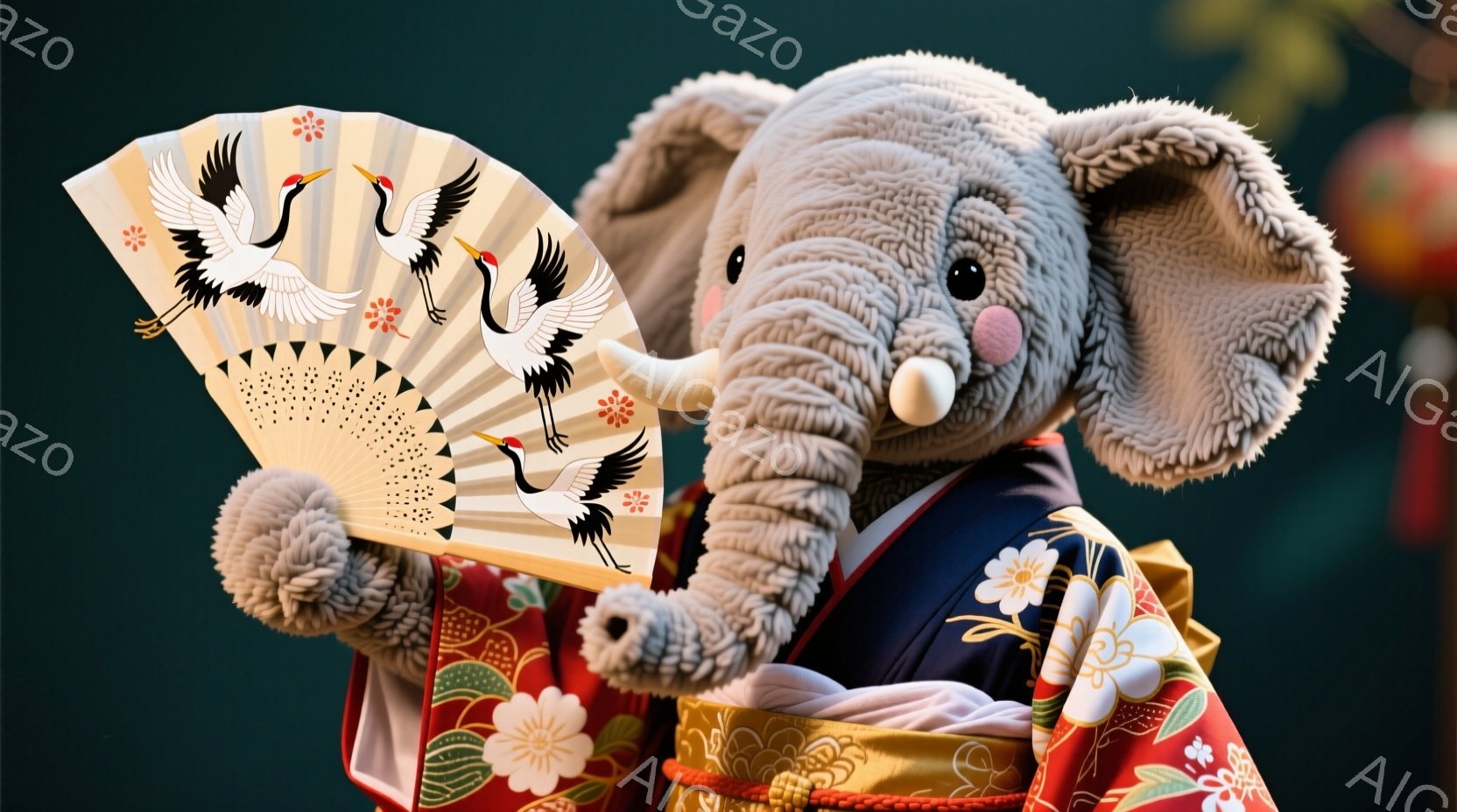 灰色の象のぬいぐるみは、赤い地に花模様が入った着物を着ています。右手に扇子を持っており、少し微笑んでいるように見えます。背景にはぼやけた赤い飾りが見え、全体的に穏やかで可愛らしい雰囲気です。