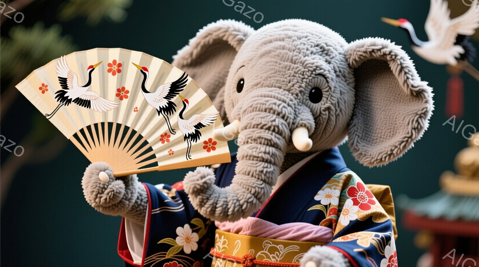 灰色の象のぬいぐるみは、鮮やかな藍色とピンク色の花柄の着物を着て、片手に扇子を持っています。扇子には鶴の絵が描かれており、ぬいぐるみは穏やかな表情で正面を見つめています。背景には緑色の壁と、ぼやけた鶴の置物が確認でき、全体的に落ち着いた、伝統的な雰囲気を醸し出しています。