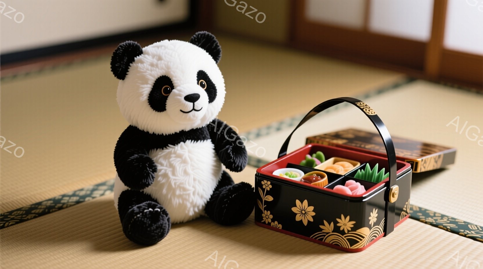 ぬいぐるみパンダが畳の上に座っており、そばには黒地に花柄が描かれた弁当箱が置かれています。パンダはつややかな黒と白の毛並みで、愛らしい表情をしています。背景には障子と畳が見え、日本の伝統的な雰囲気が漂っています。