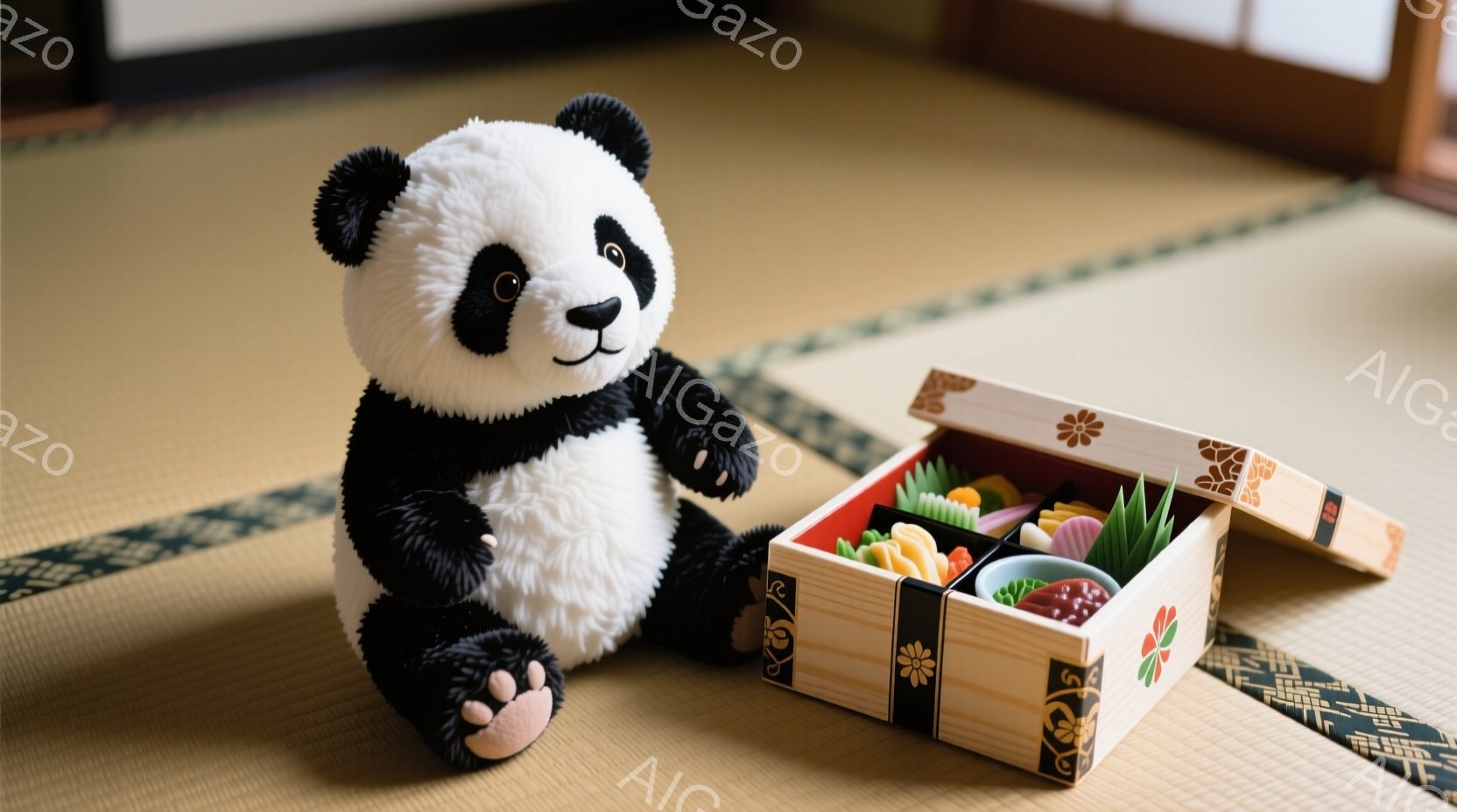 畳の上に、可愛らしいパンダのぬいぐるみと、蓋を開けた弁当箱が置かれています。パンダは左手を挙げ、右手を膝に乗せて座っており、少し微笑んでいるように見えます。弁当箱の中には、ご飯やおかずが彩り豊かに詰ま - AI生成フリー素材