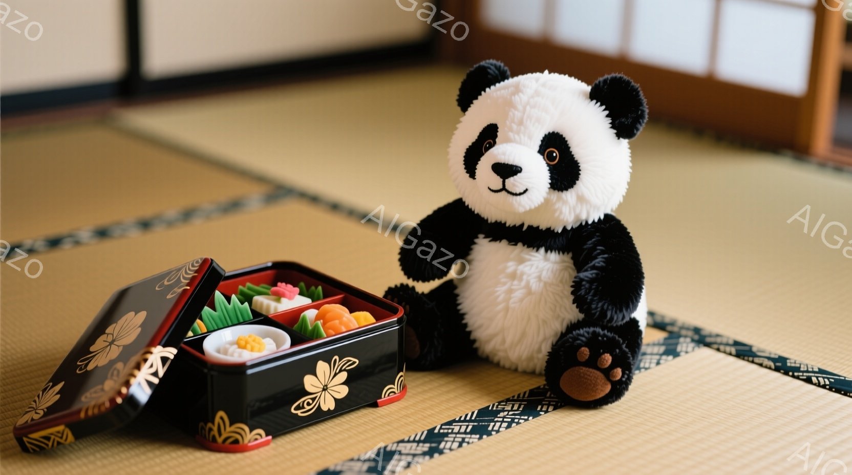 白黒のパンダのぬいぐるみは、畳の上に座って少し前に傾いています。その隣には、蓋が開いた黒い弁当箱があり、中にはご飯といくつかの小さなおかずが見えます。背景は畳の部屋の一部で、落ち着いた温かい雰囲気が漂 - AI生成フリー素材