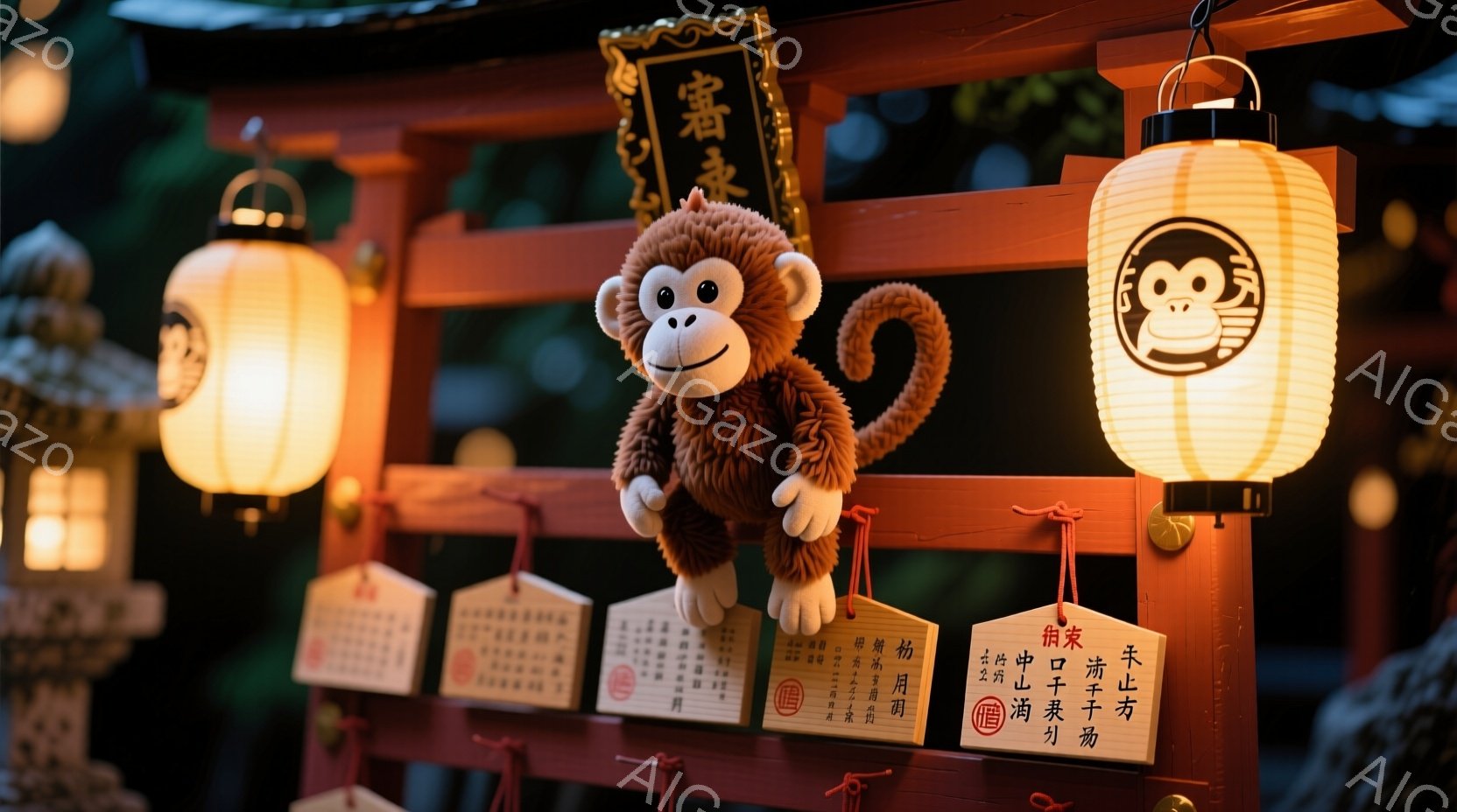 鮮やかな朱色の木造の背景に、可愛らしい猿のぬいぐるみと、日本の伝統的な暦が飾られています。背景にはぼんやりと提灯の光が灯り、木々の緑がちらりと見え、和の温かい雰囲気を醸し出しています。猿のぬいぐるみは、背景の朱色と対照的に茶色で、見る人の目を引きます。