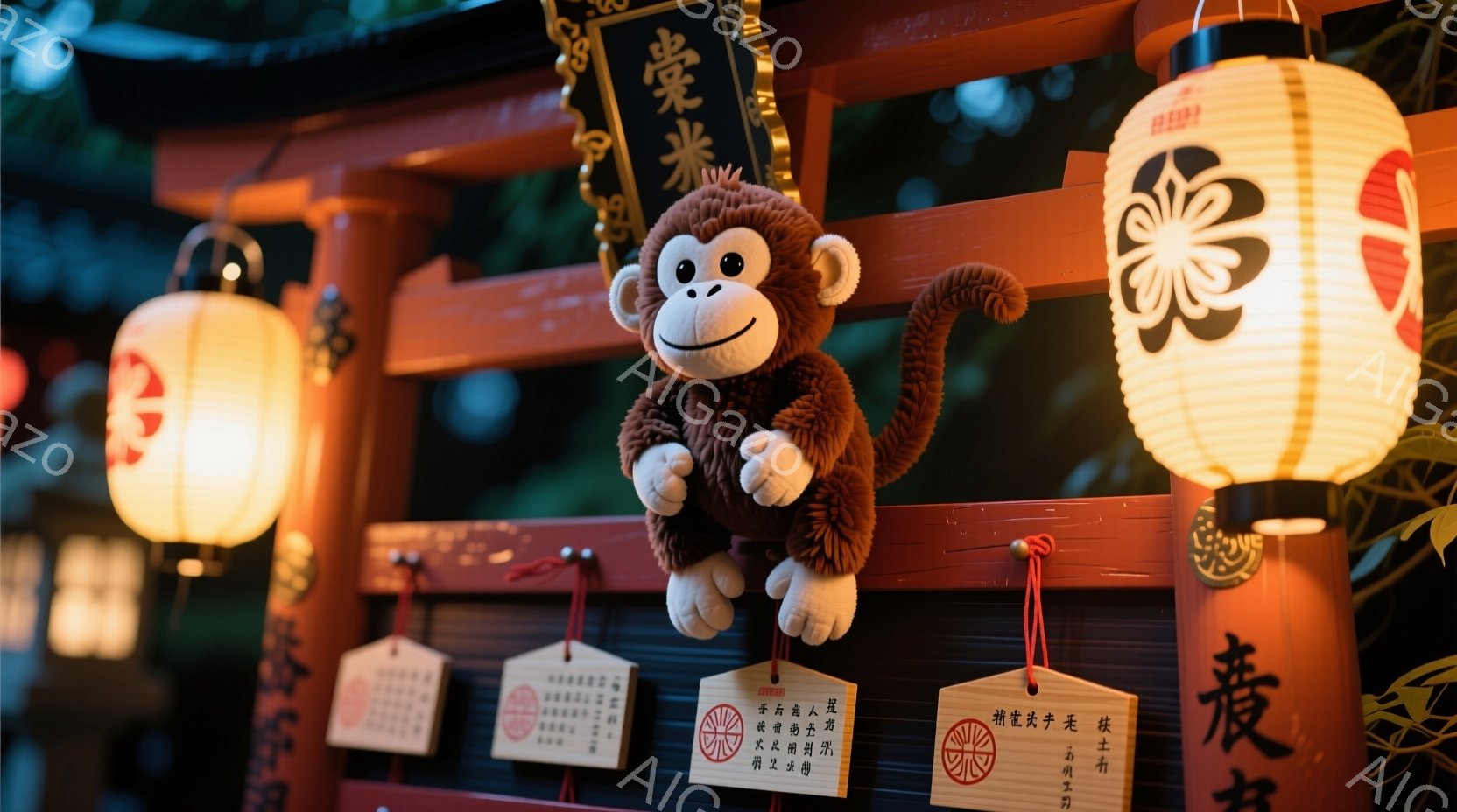 鮮やかな朱色の提灯と木製の奉納板が並ぶ中で、愛らしい猿のぬいぐるみがおとなしく座っています。ぬいぐるみは茶色い毛並みで、少し心配そうな表情を浮かべており、日本の伝統的な雰囲気の中でひときわ目を引きます。背景には緑豊かな木々が見え、祭りのような賑やかな空気を感じさせます。