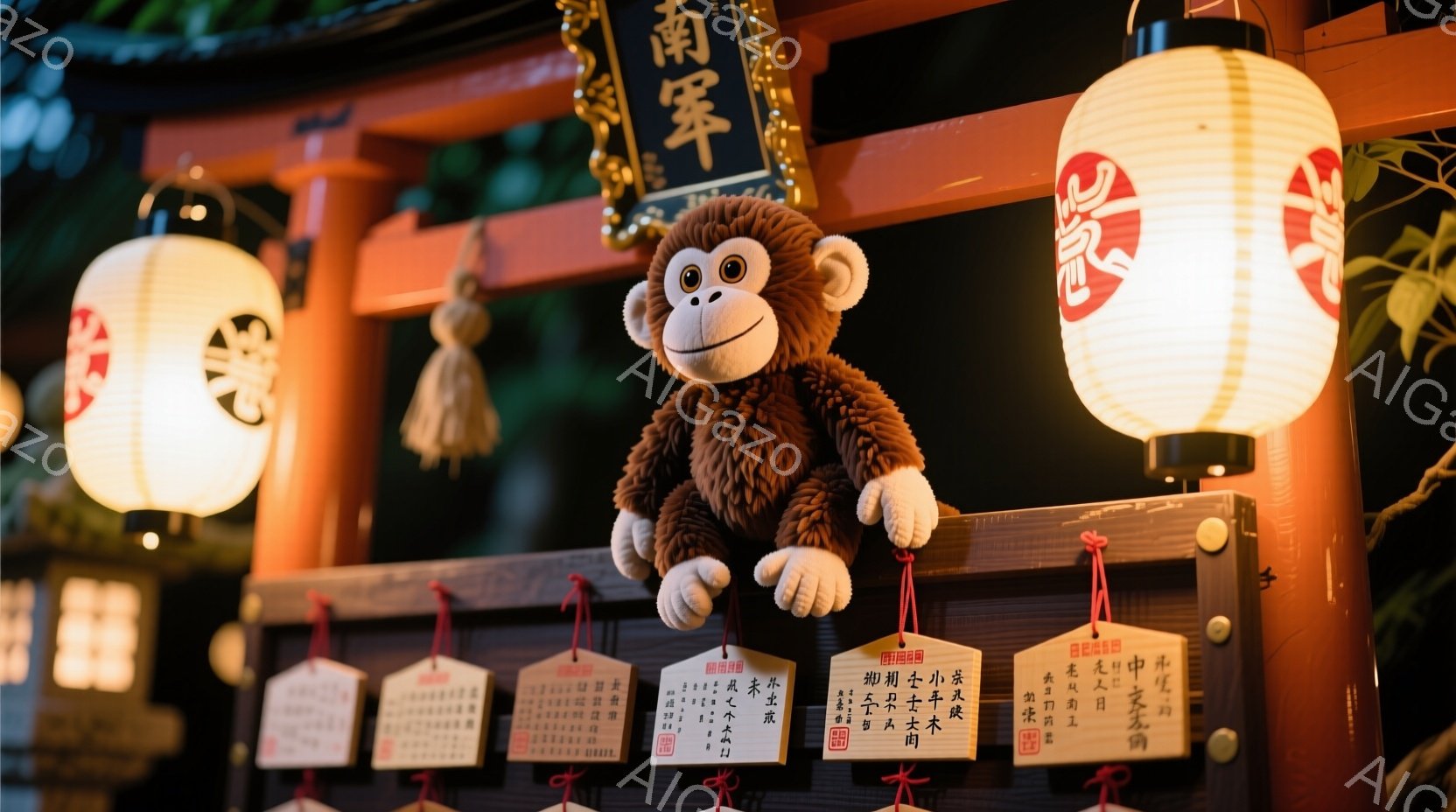 お祭りの屋台の一角に飾られた茶色のぬいぐるみのお猿が写っています。猿のぬいぐるみは、まるで何かを見ているかのように、少し上を見上げており、その表情は愛らしく、屋台の賑やかな雰囲気に溶け込んでいます。背景には、提灯や書かれたお札が飾られており、祭りの活気と伝統的な雰囲気が感じられます。