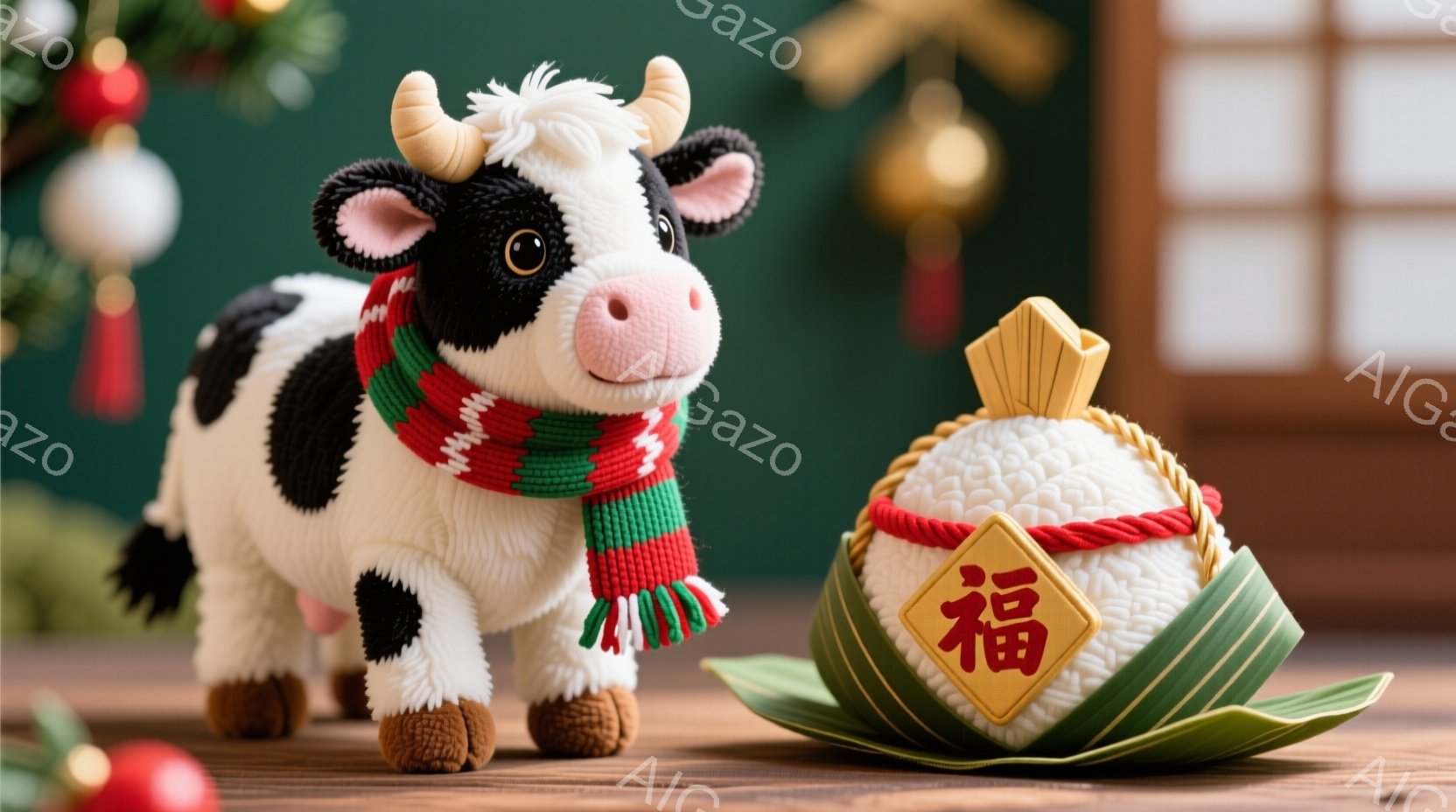 白地に黒い斑点模様のふわふわした牛のぬいぐるみが、赤い緑のストライプの短いマフラーを巻いて立っています。牛の正面には、縄で結ばれたお餅があり、金色のラベルに「福」という文字が書かれています。背景は木製のテーブルと、赤い飾り、金色のオーナメント、そしてぼやけた和風の窓で、お正月らしい温かく縁起の良い雰囲気が漂っています。