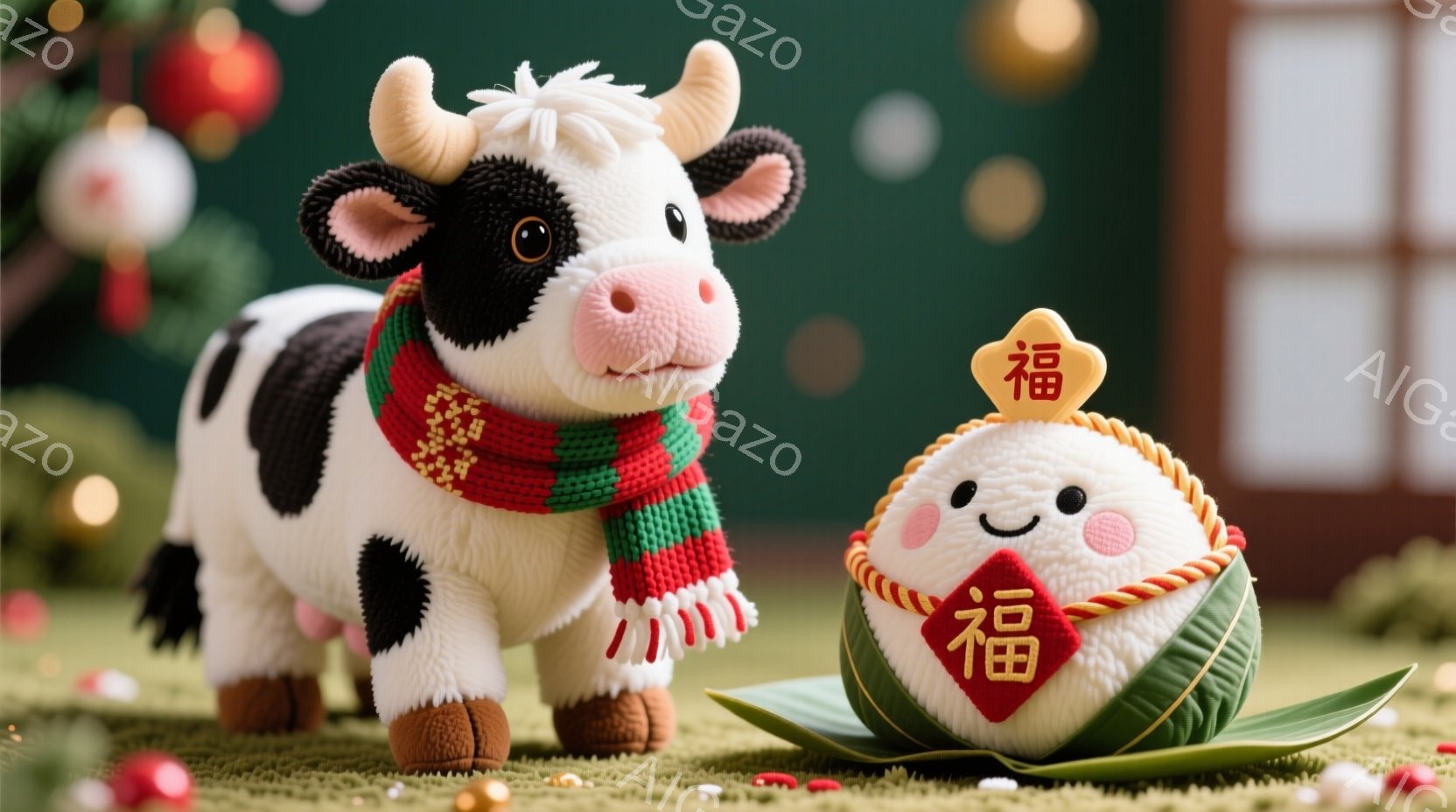 白黒の牛のぬいぐるみは、赤い縁取りのある緑色の編み物のようなスカーフを巻いています。その隣には、お餅のような丸い物体が緑色の葉で包まれ、赤い「福」の文字が入った飾りをつけています。背景にはぼやけたクリスマスツリーや、赤い、金色の飾りが見え、全体的に暖かく、お祝いムードにあふれています。
