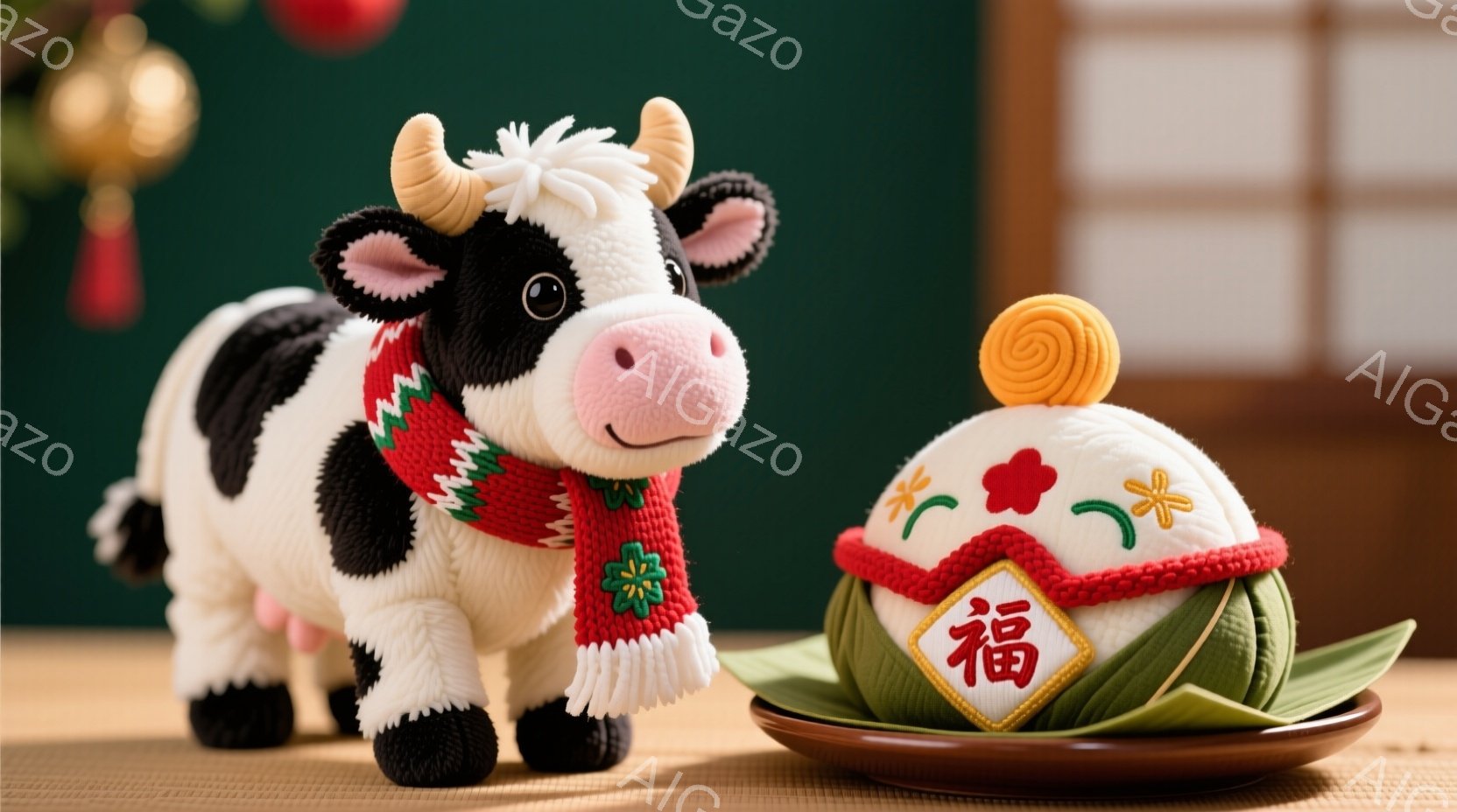 白黒の牛のぬいぐるみは、赤い模様入りのかぎ針編みのマフラーを巻いています。背景には、赤い飾りと和風の格子戸があり、テーブルの上には「福」と書かれたお餅が置かれています。全体的に、新年を祝う温かくお祝いの雰囲気です。