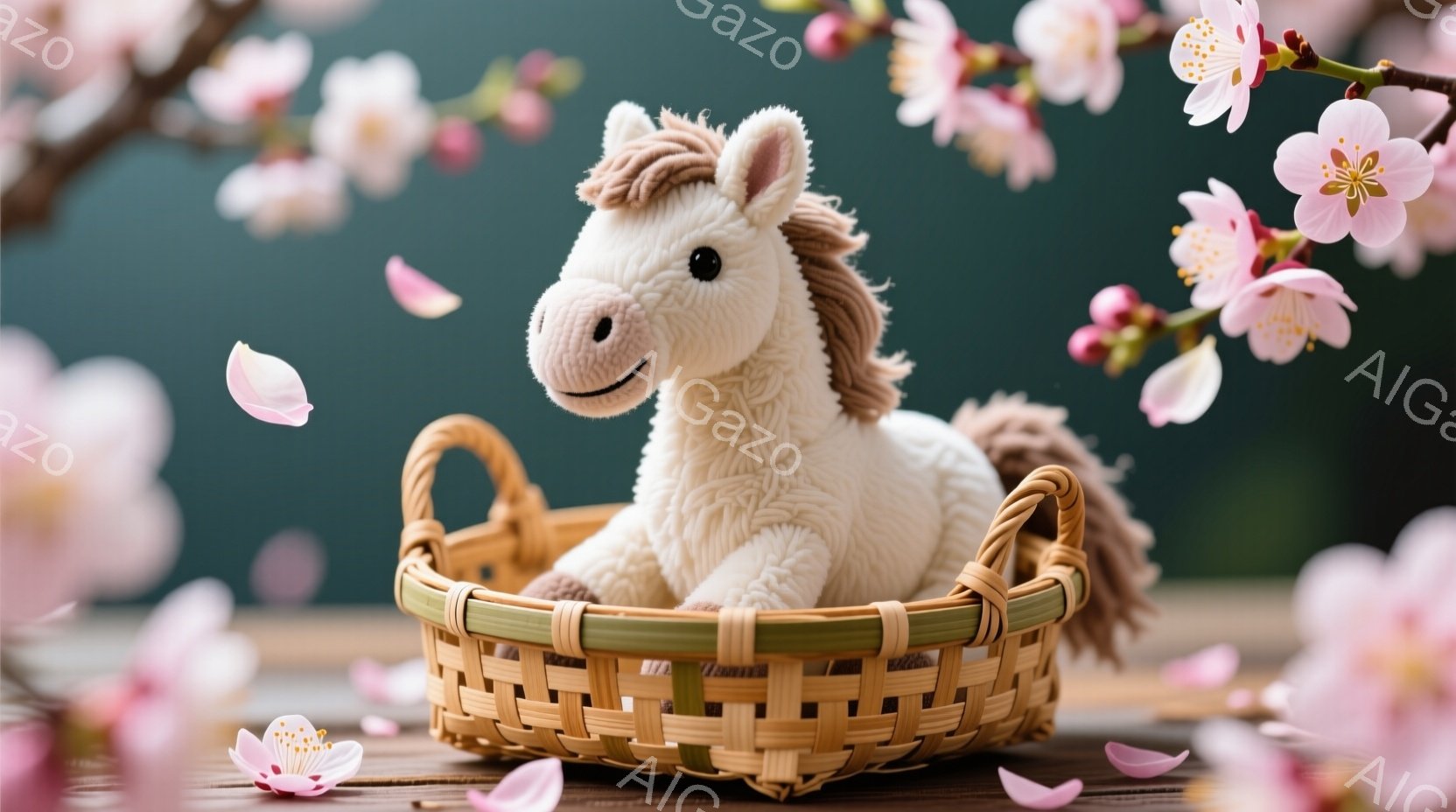 白くてふわふわのテディベアの馬が、籐編みの籠の中に横たわっています。周りには桜の花びらが舞い、背景には桜の枝がぼんやりと見えます。春らしい、暖かく穏やかな雰囲気が漂っています。
