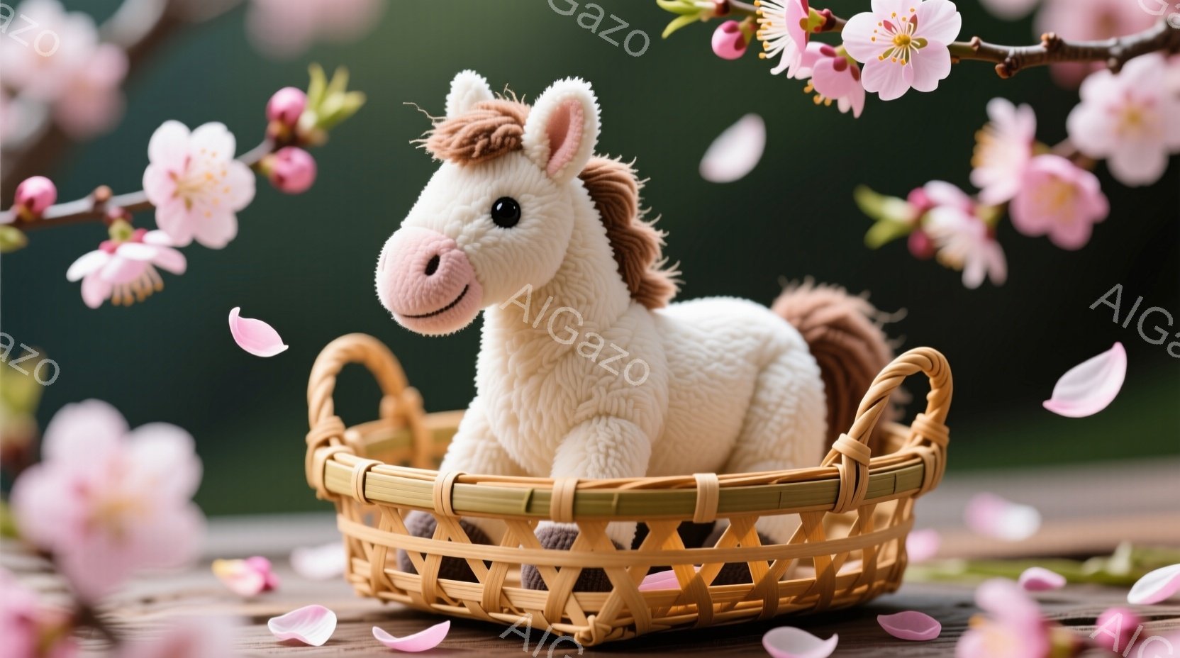 籐編みの籠の中に、ふわふわの白い馬のぬいぐるみが入っています。背景には、ピンク色の桜の花が咲き乱れ、花びらが舞い散る様子が描かれ、春の穏やかな雰囲気が漂っています。木製のテーブルの上に置かれた籠は、温かみのある光に照らされ、可愛らしい光景を作り出しています。
