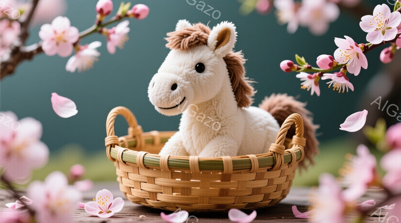 籐編みのバスケットの中に、ふわふわの白い馬のぬいぐるみが入っています。ピンク色の桜の花びらが舞い散り、背景には桜の枝が見え、春の穏やかな雰囲気を醸し出しています。ぬいぐるみは穏やかな表情で、柔らかい光に照らされています。