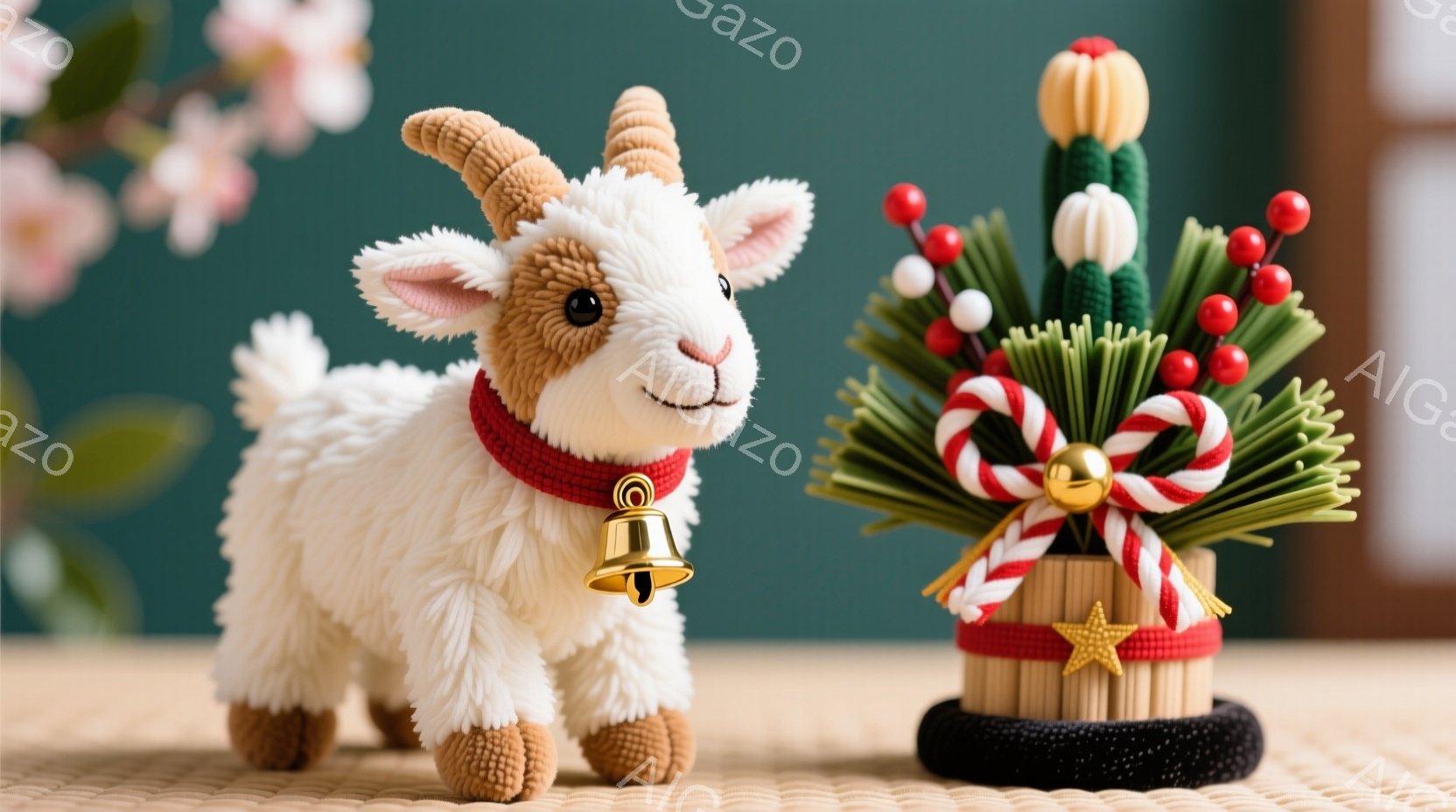 白い毛並みの可愛いヤギのぬいぐるみが、赤い首輪と鈴をつけて立っています。背景には、鮮やかな色使いの縁起の良い飾り物があり、全体的に穏やかで温かい雰囲気が漂っています。畳のような敷物の上に置かれたヤギと飾り物は、日本の伝統的なお正月を連想させます。