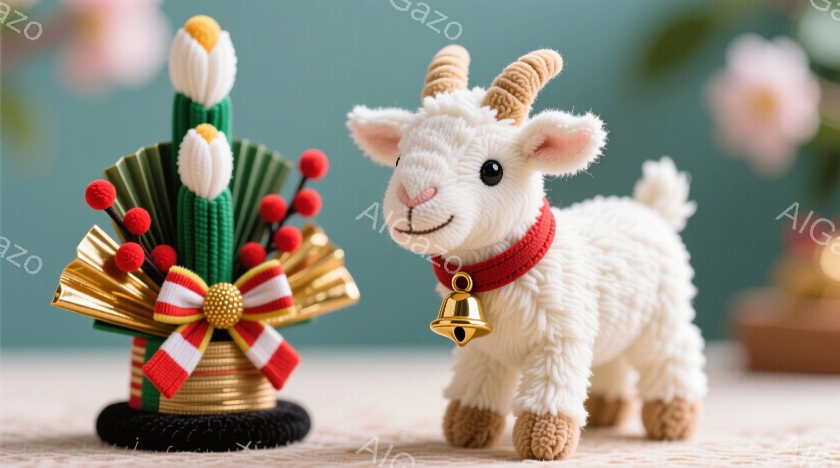 白い羊のぬいぐるみが、赤い首輪と鈴をつけて立っている。背景には、赤い飾り紐と金色のリボンで飾られた、日本の伝統的なお祝い飾り「打ち出し」が置かれている。全体的に柔らかい色合いで、お祝いや新年を祝う温か - AI生成フリー素材