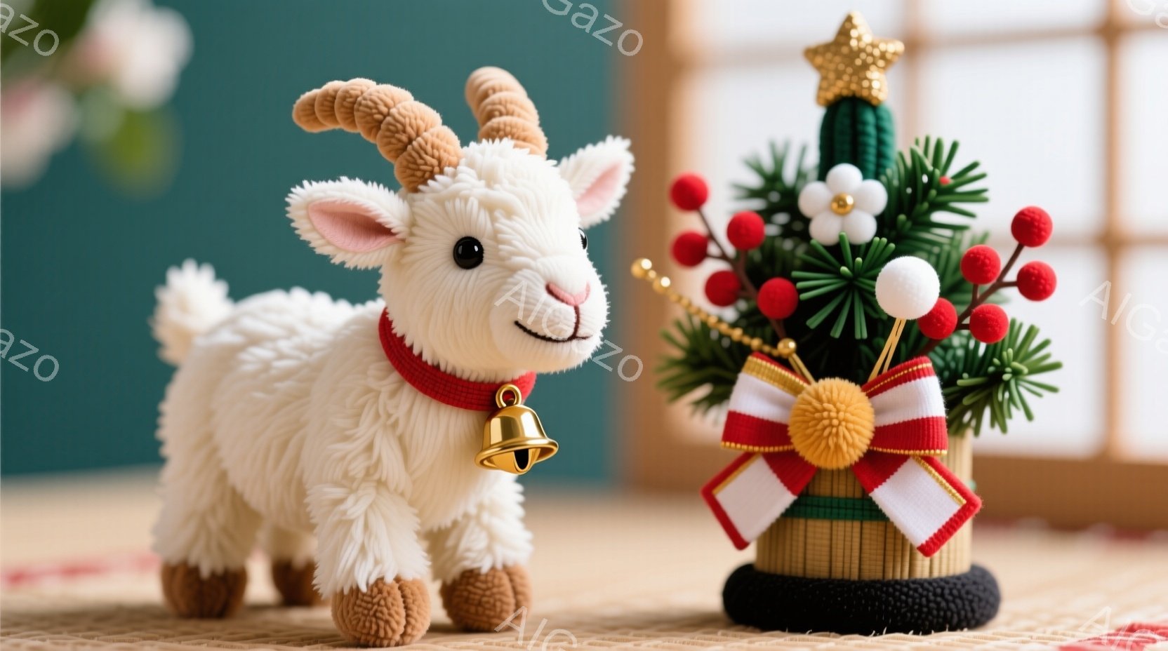 白いヤギのぬいぐるみは赤い首輪と鈴をつけて立っており、優しい表情をしています。背景には、赤い飾りと白い鞠が付いた、日本の伝統的なお正月飾り「門松」が置かれています。全体的に、お正月らしい暖かく、可愛らしい雰囲気です。