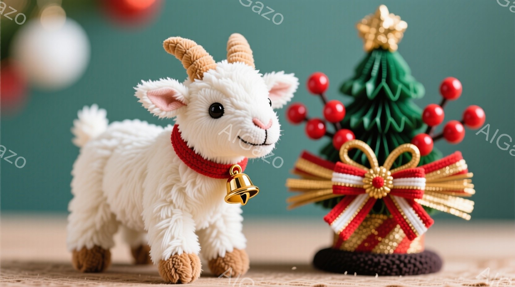 白いふわふわのヤギのぬいぐるみが、赤い首輪と金の鈴をつけて立っています。背景には、赤い実のついた緑色の小さなクリスマスツリーと、ぼやけた金色のオーナメントが見えます。全体的に温かく、お祝いの雰囲気で、ホリデーシーズンを連想させます。