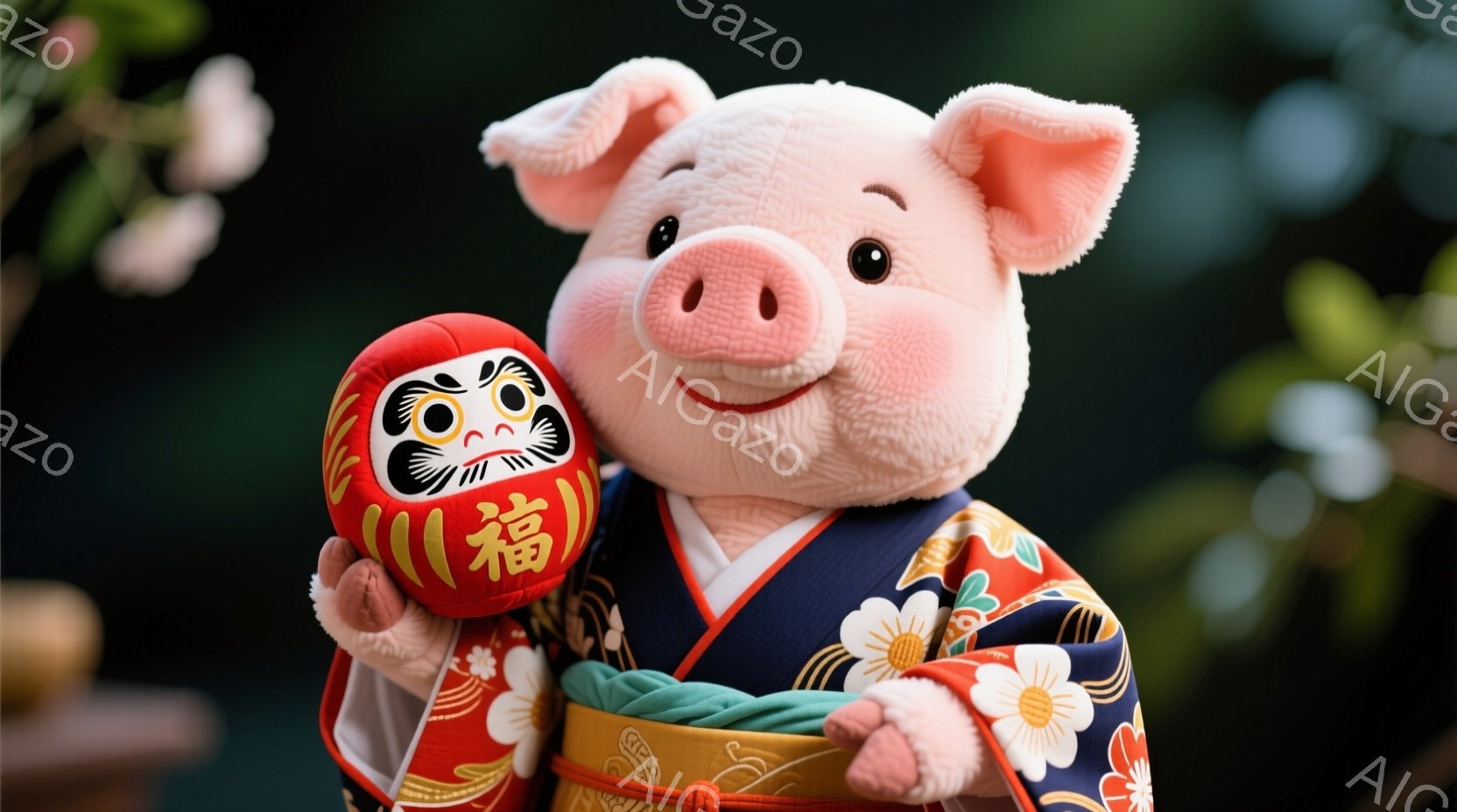 これは、可愛らしいピンク色のブタのぬいぐるみで、鮮やかな赤い着物と緑色の帯を身に着けています。片手に「福」と書かれた赤いダルマの人形を持っており、笑顔でカメラを見つめています。背景にはぼやけた花が咲き乱れ、暖かく、幸福な雰囲気を醸し出しています。