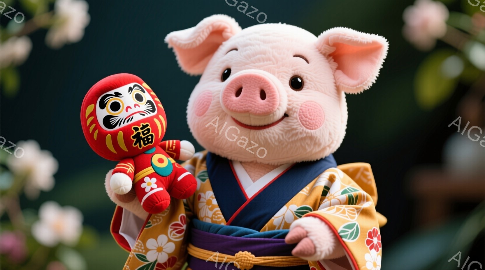 着物を着た豚のキャラクターが描かれています。鮮やかな黄色の着物には、白い花と緑の葉の柄が描かれ、紫色の帯が締めてあります。キャラクターは片手に赤い達磨の人形を持ち、穏やかな笑顔で正面を見つめており、背景にはぼやけた桜の花が咲き誇っています。