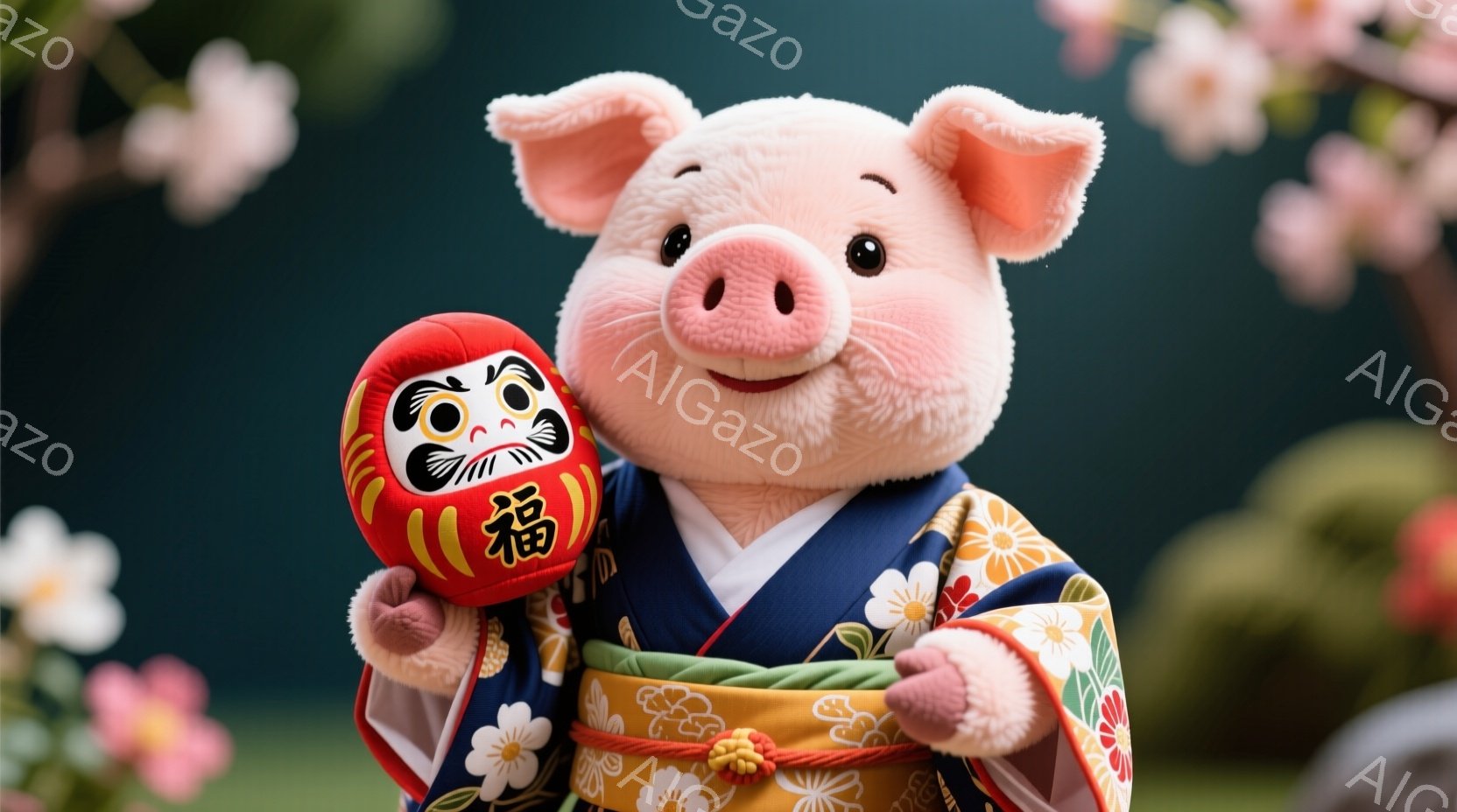 鮮やかな紺色の着物を着た、可愛らしいピンク色の豚のぬいぐるみが描かれています。豚は笑顔で、片手に赤くて金色のだるま人形を抱えています。背景には、ぼやけた桜の花が咲き誇り、春らしい穏やかな雰囲気が漂っています。