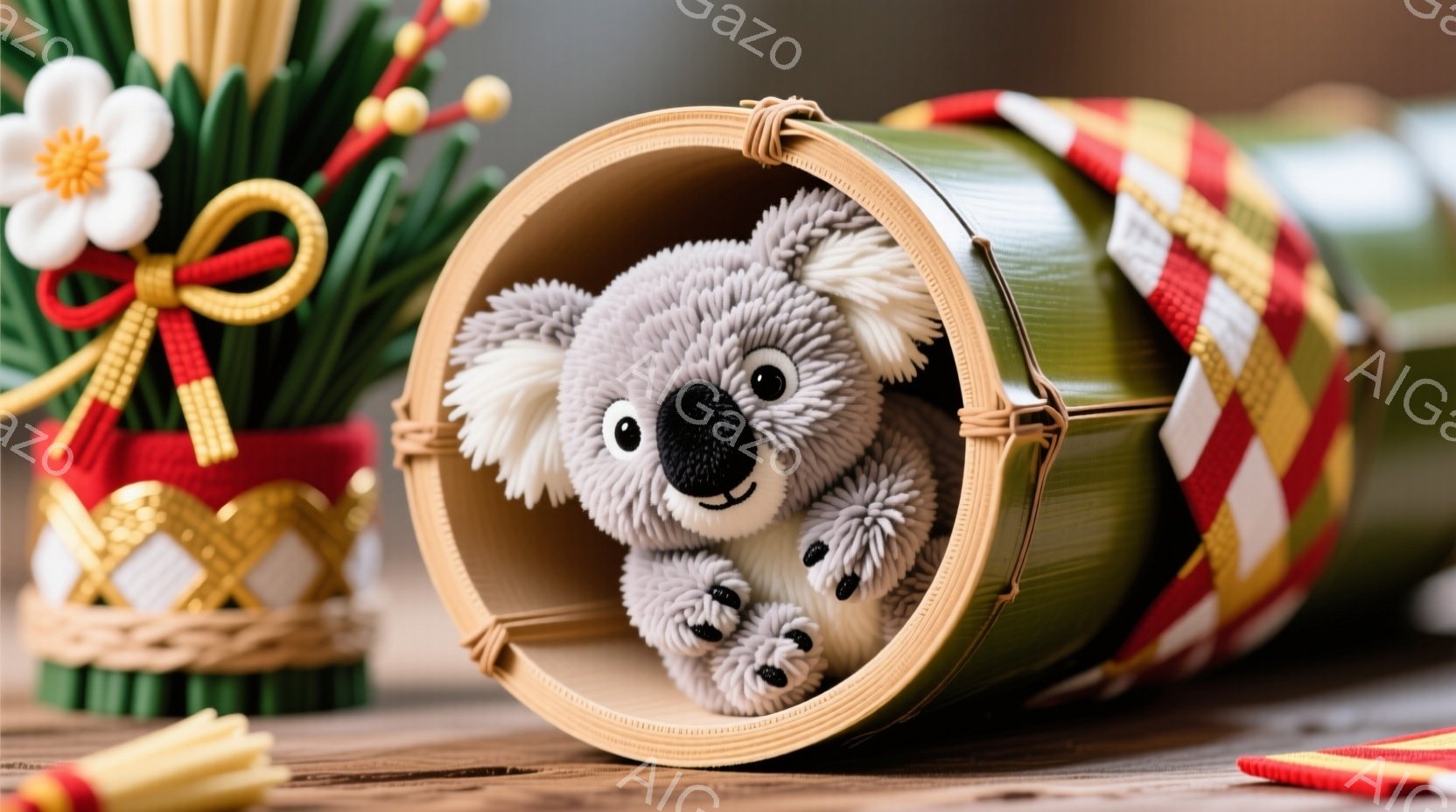 コアラのぬいぐるみがお正月らしい竹筒の中にちょこんと座っています。その表情は可愛らしく、つぶらな瞳で見つめています。背景には、赤い飾り紐と黄色い花が咲き誇るお正月飾りがあり、全体的に温かく、お祝いの雰囲気が漂っています。
