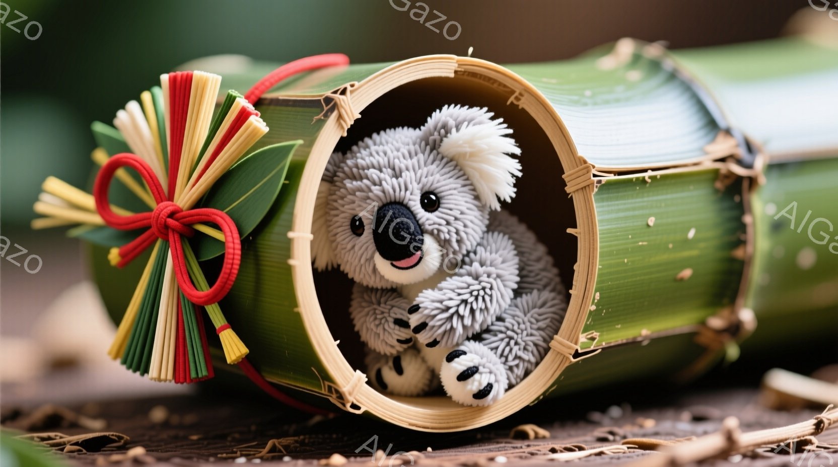 ふわふわのコアラの人形が竹筒の中にちょこんと座っています。コアラは愛らしい表情で、小さな手足をだしてリラックスした様子です。背景は木製の床とぼやけた緑の植物で、温かく優しい雰囲気を作り出しています。