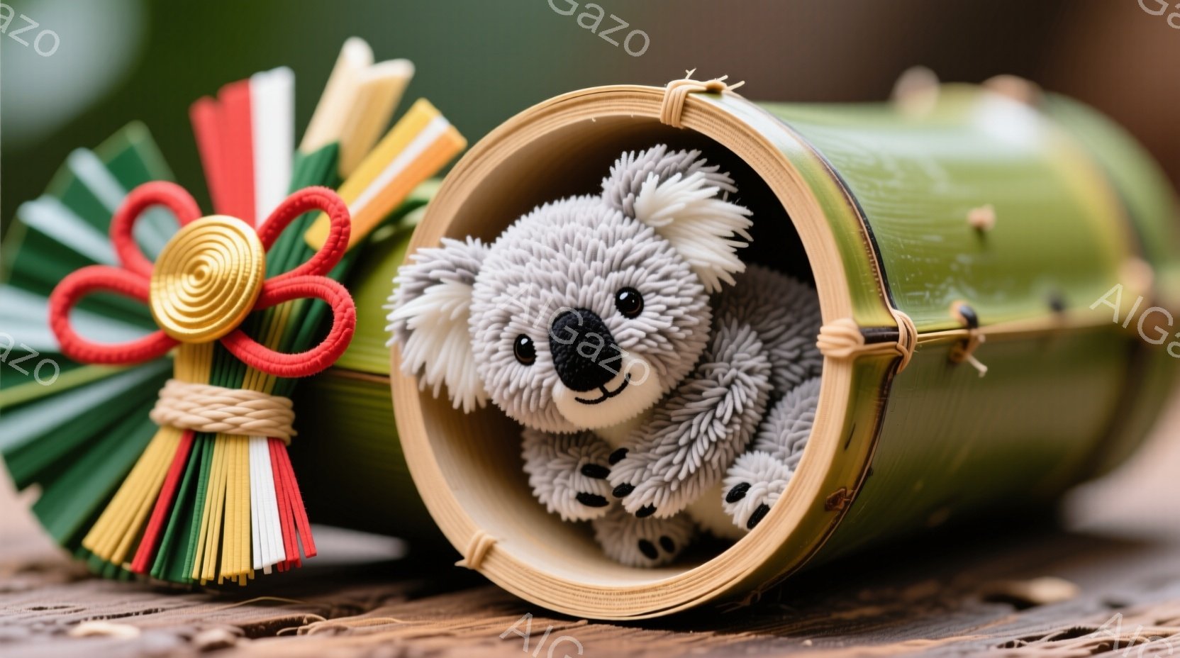 白い毛並みのコアラのぬいぐるみがお正月らしい竹筒から顔を出しています。背景には、赤い、緑、黄色を組み合わせた、房飾りのついたお正月飾りが見え、コアラは少し首を傾けて、微笑んでいるように見えます。木製の台の上に置かれており、温かく、お祝いムードに満ちた雰囲気が漂っています。