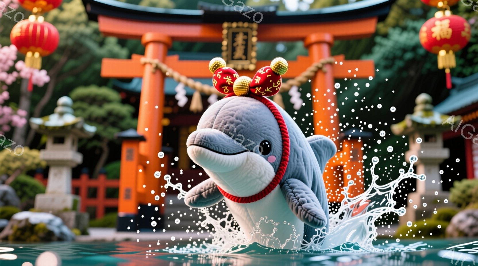 灰色の愛らしいイルカが水面から飛び出し、楽しそうに微笑んでいます。背景には赤い鳥居、提灯、そして緑豊かな自然が広がり、春の暖かな雰囲気を醸し出しています。水しぶきがイルカの躍動感を強調し、お祭りや祝い事の喜びを表現しています。