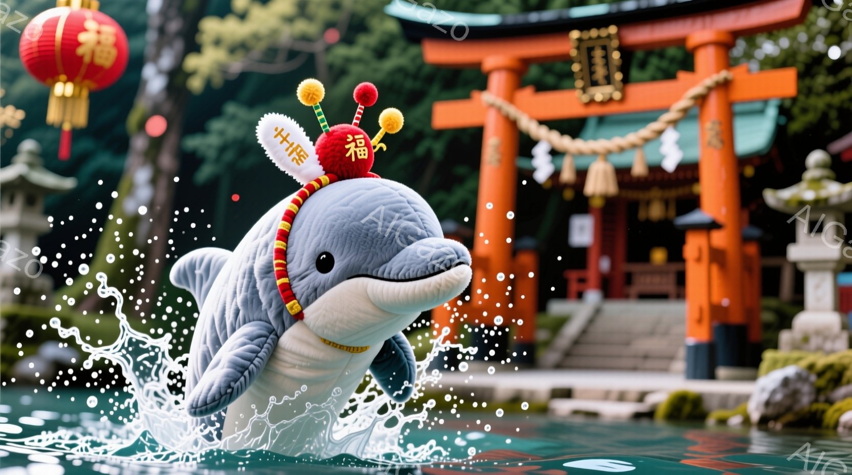 水しぶきを上げながら跳ねる、ぬいぐるみのようなイルカを描いています。イルカは、頭に赤い飾りと金の房のついた帽子をかぶり、首に金の襟を巻いています。背景には、赤い鳥居、緑豊かな植物、そして伝統的な日本の庭園が広がっており、明るくお祝いのような雰囲気です。
