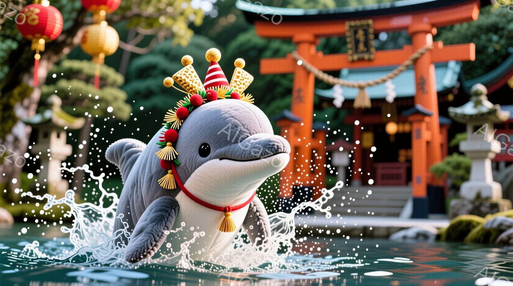 灰色のイルカが水面から飛び出し、楽しそうに水しぶきを上げています。イルカは頭に華やかな飾りをつけ、赤い首輪を身につけており、まるで祭りの参加者のようです。背景には赤い鳥居と緑豊かな自然が広がり、穏やかで祝祭的な雰囲気が漂っています。