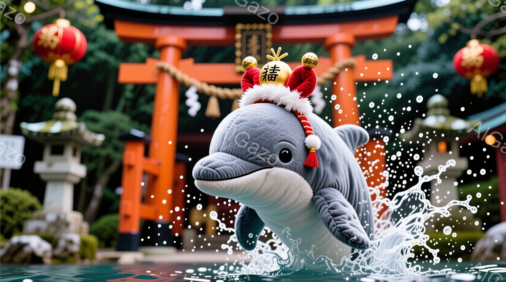 鮮やかな赤い鳥居と緑豊かな自然を背景に、かわいらしいイルカが水面から飛び出している様子が描かれています。イルカは赤い帽子をかぶり、楽しげな表情で水しぶきを上げており、まるで神社の守り神のように見えます。全体的に明るく、活気に満ちた、お祝いムードを漂わせる画像です。