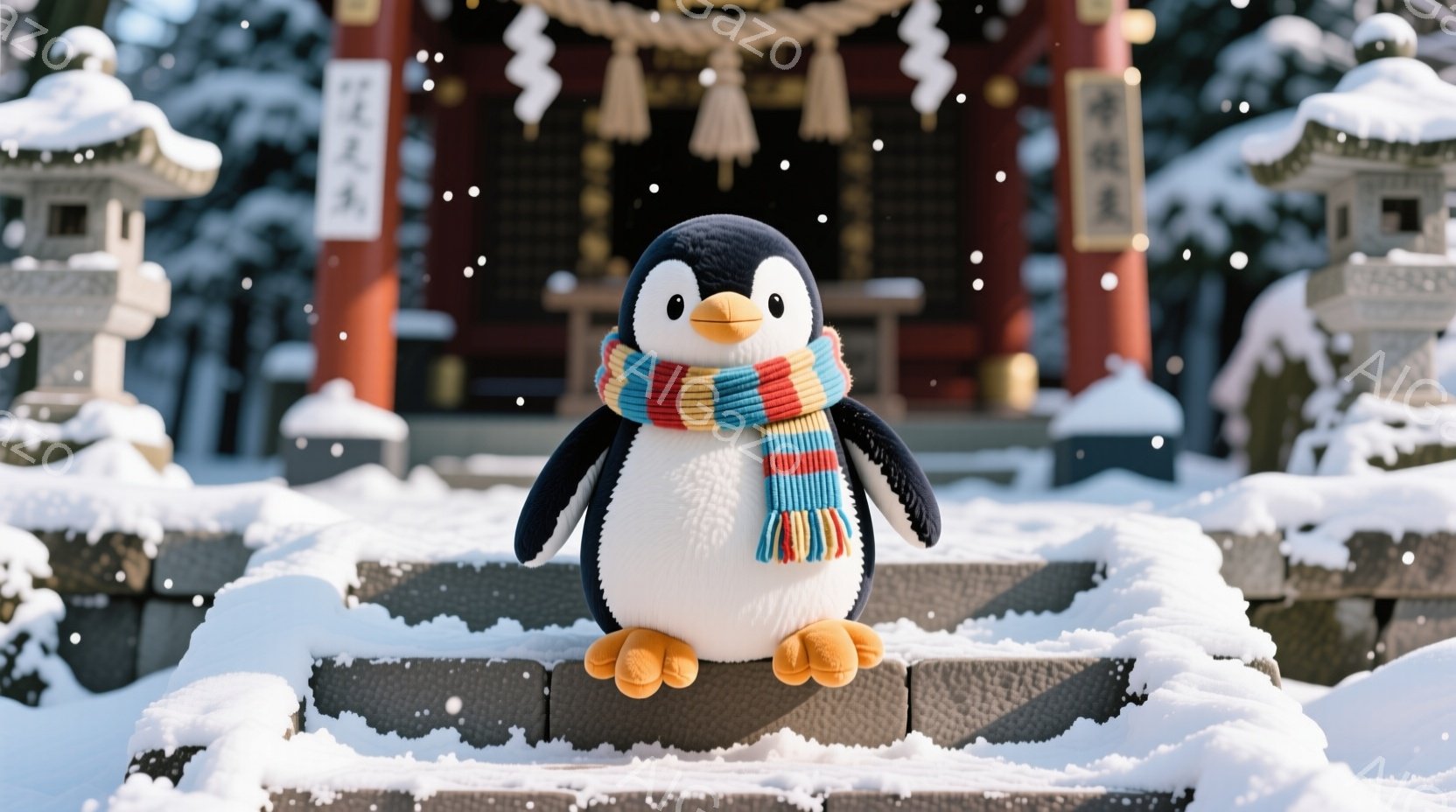 白いペンギンのぬいぐるみは、階段の上に立っており、首にカラフルなストライプのスカーフを巻いています。背景には雪で覆われた寺院があり、雪が舞い散る冬の風景が広がっています。全体的に、温かく可愛らしい、冬 - AI生成フリー素材