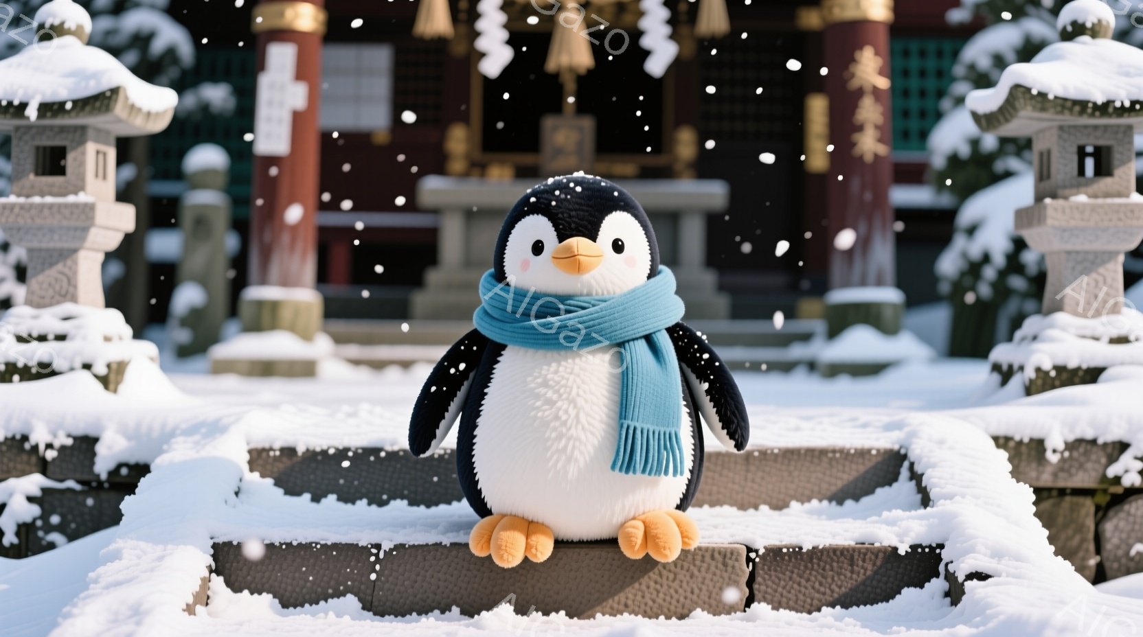 白いペンギンが階段に座り、青いマフラーを巻いています。背景には雪が降り積もる寺院があり、屋根や石灯籠が雪で覆われています。全体的に、穏やかで冬らしい雰囲気です。 - AI生成フリー素材