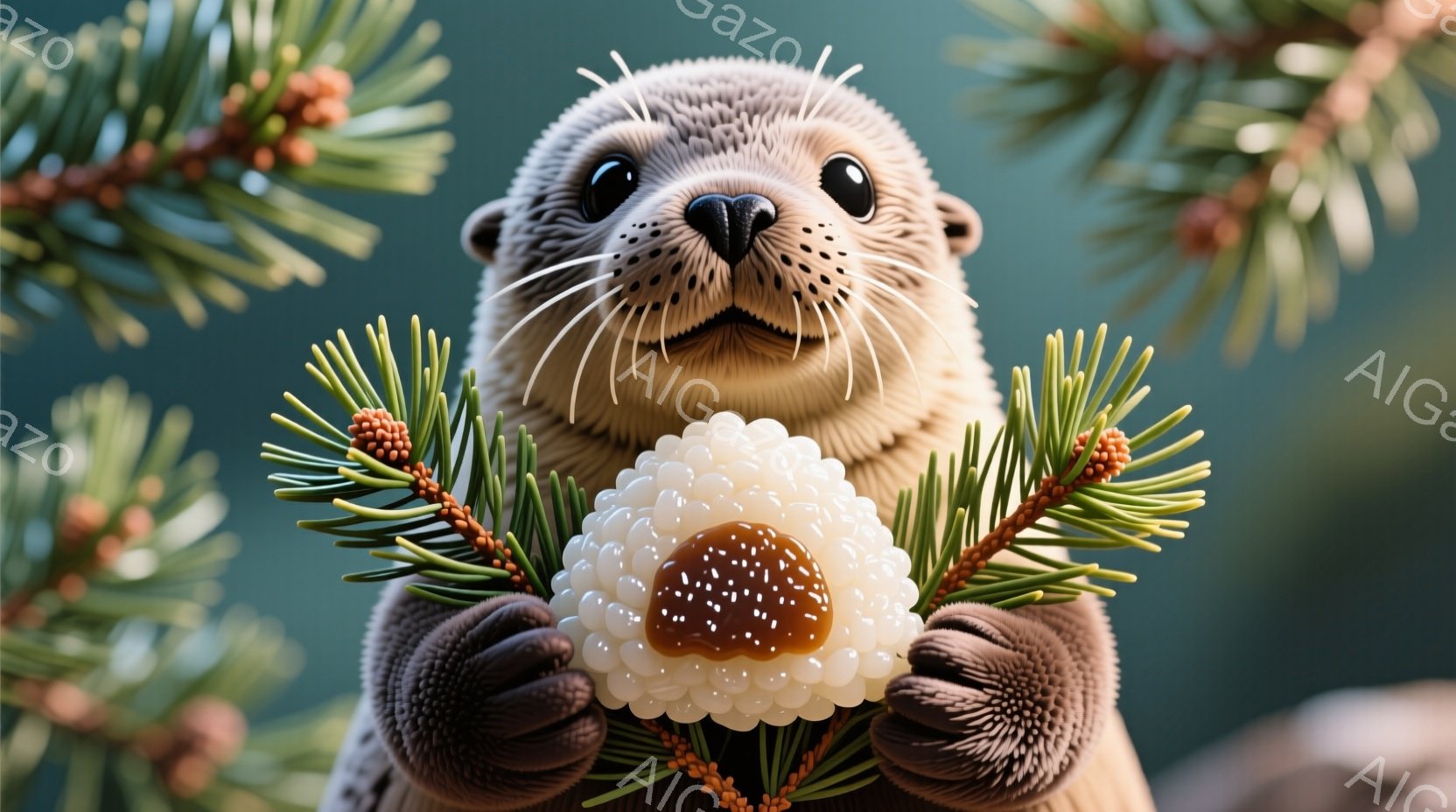 柔らかい緑と茶色のテクスチャで作られたカメの置物が写っています。カメの甲羅には小さな松ぼっくりと竹の模型が乗っており、可愛らしい雰囲気を醸し出しています。背景には他の松ぼっくりがぼやけて写り、自然な木製の台の上に置かれている様子が伺えます。