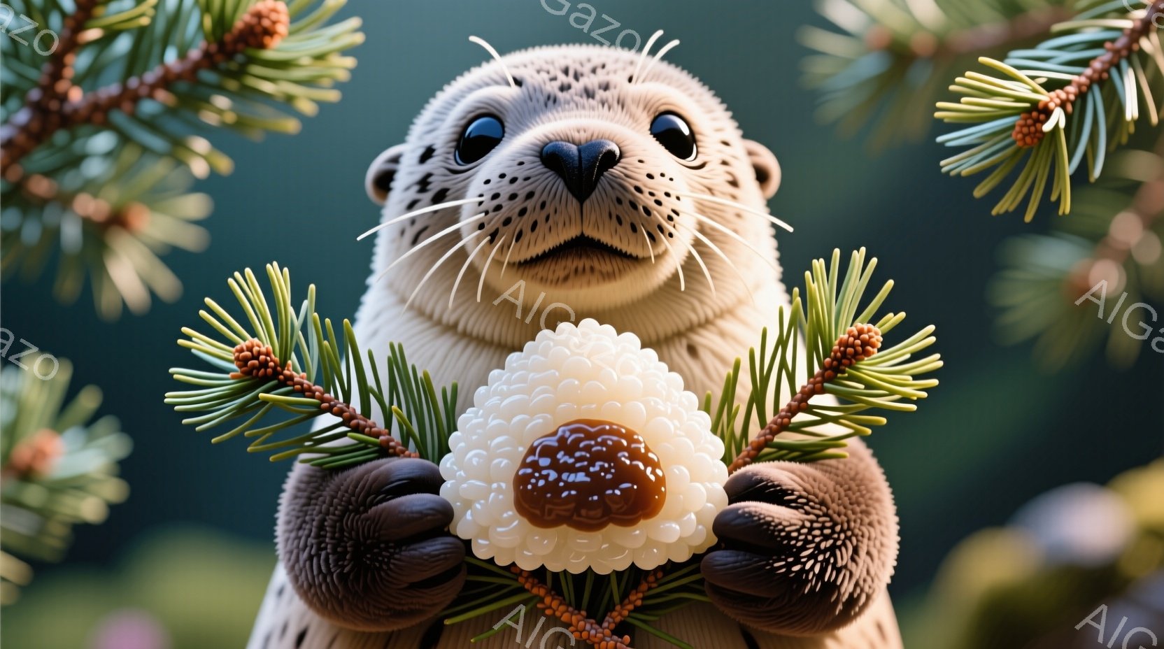 毛皮で覆われたアザラシが、両手で大きな握り寿司を持っている。寿司は白米で覆われ、中央には照り輝くサーモンが乗っている。背景には緑の葉と針葉樹があり、暖かく親しみやすい雰囲気を醸し出している。