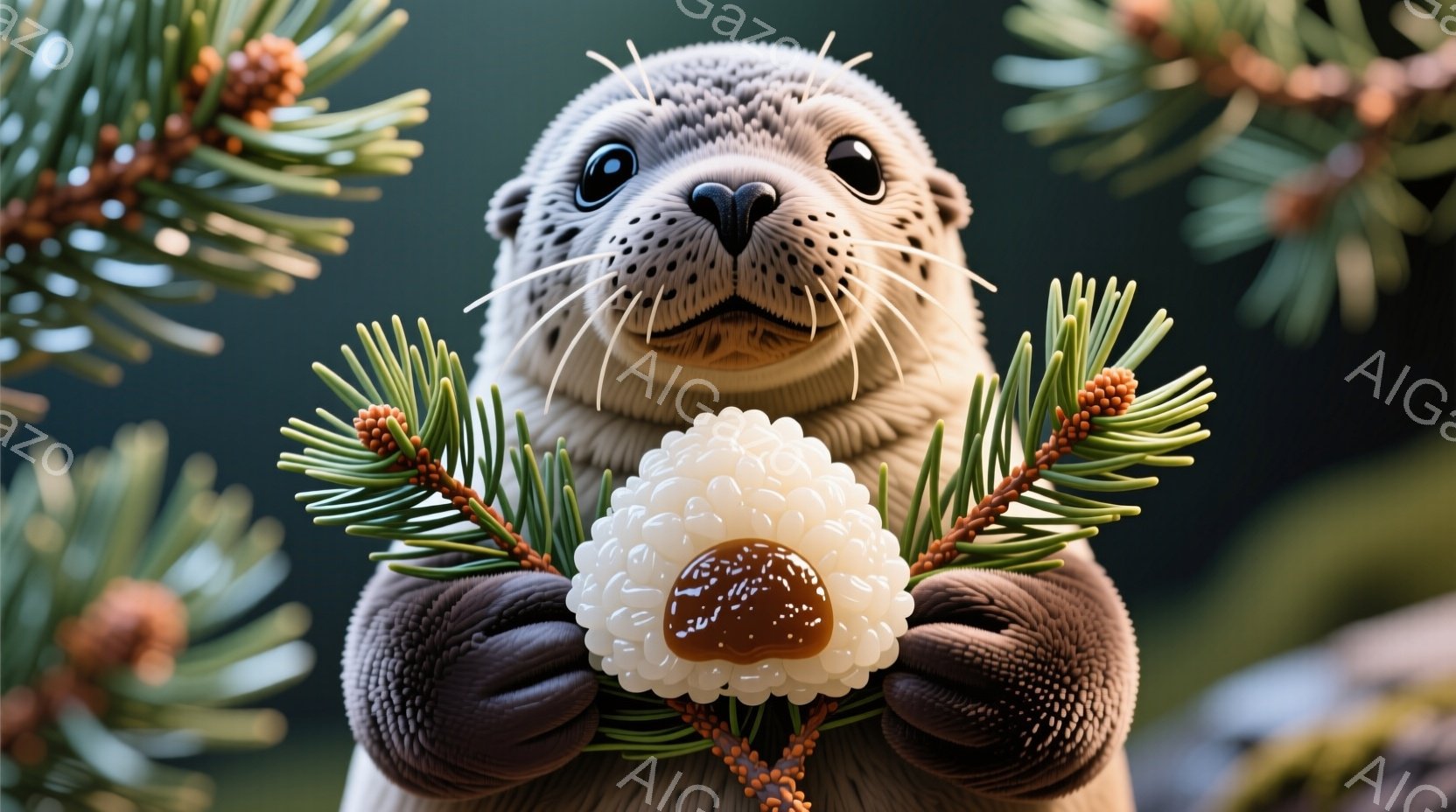 鮮やかな緑と茶色のモザイク模様の亀が、木製の台の上に座っています。亀の甲羅には、数本の竹と松ぼっくりが乗せられ、可愛らしい雰囲気を醸し出しています。背景にはぼやけた緑色の植物があり、自然の中でリラックスした温かい雰囲気を伝えています。