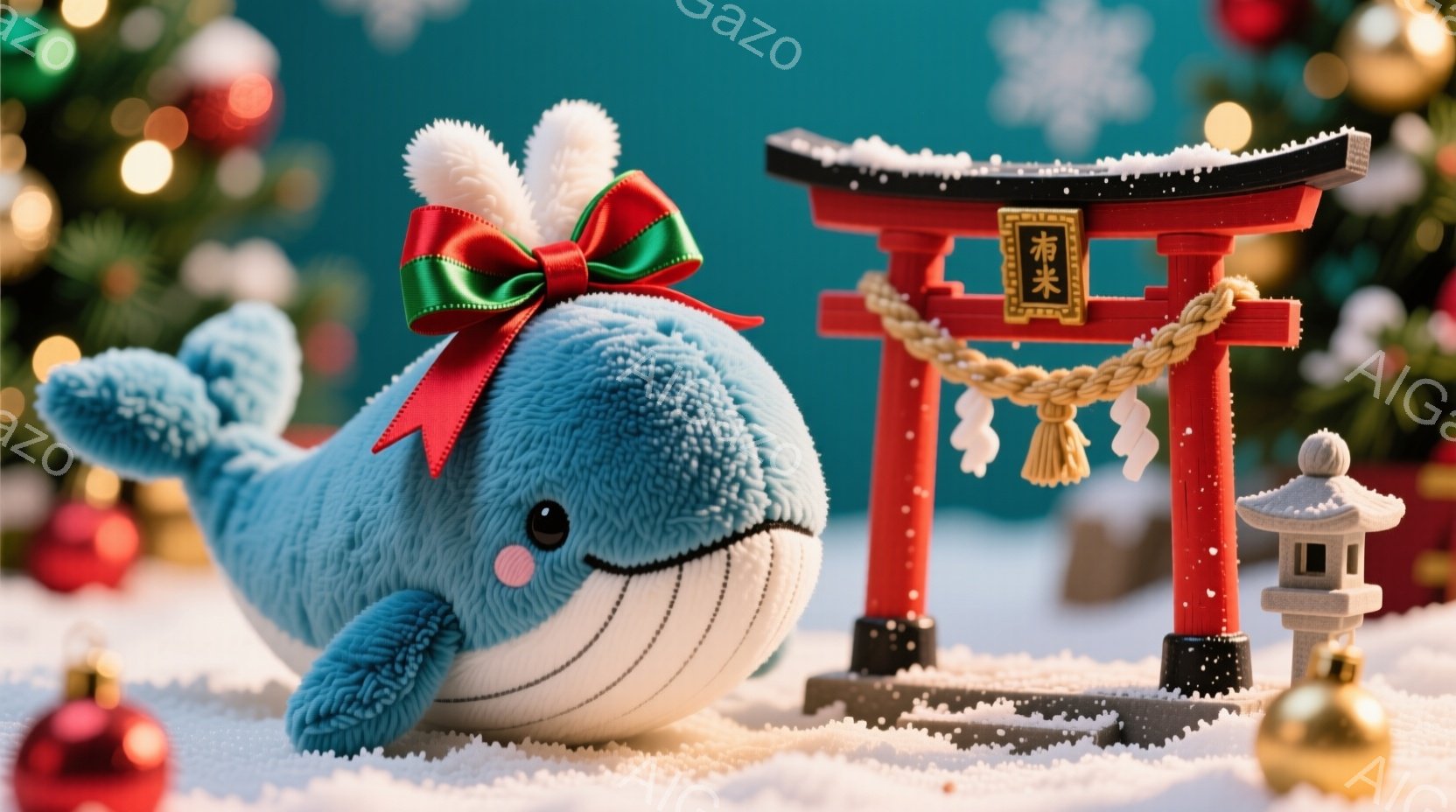 ふわふわの青い鯨のぬいぐるみは、赤いリボンと白いポンポンがついた可愛らしい帽子をかぶっています。背景には雪景色の中に赤い鳥居と石灯籠があり、クリスマスのオーナメントが散りばめられたクリスマスツリーがぼんやりと見えます。全体的に暖かく、お祝いの雰囲気が漂う、ファンタジーのような冬の風景です。