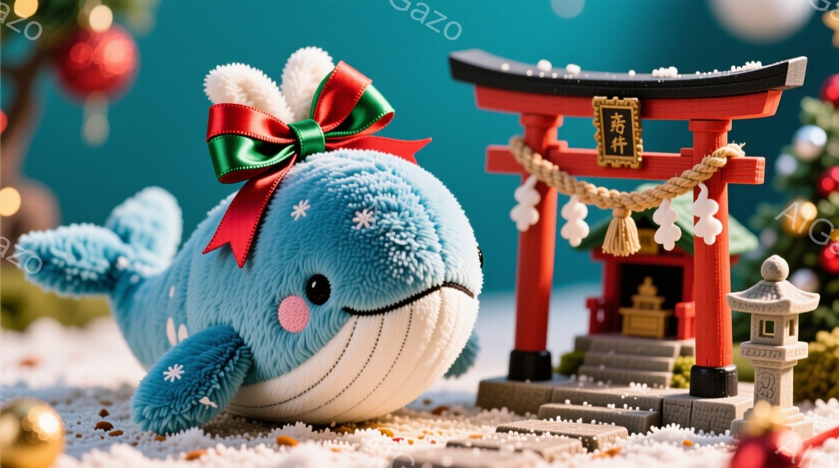 柔らかい青い鯨のぬいぐるみは、赤いリボンと白い雪のフレークで飾られ、雪の積もった地面に横たわっています。背景には、日本の鳥居、石灯籠、そして祭りのような飾り付けがあり、冬の穏やかで幻想的な雰囲気を醸し出しています。全体的に、この画像は温かく、お祝いのムードを伝えます。