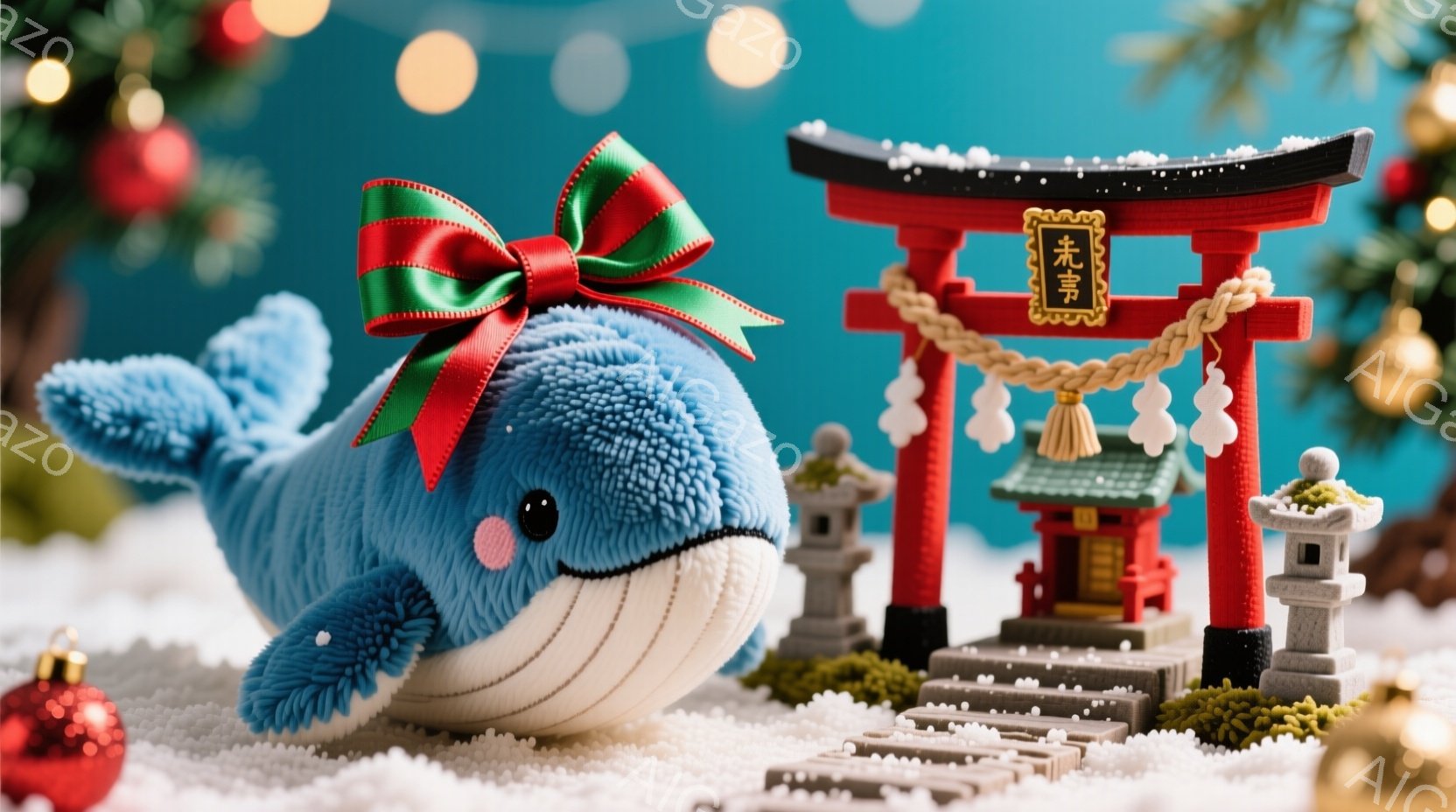 明るい水色のぬいぐるみクジラが、赤いリボンで飾られています。背景には雪景色の中に、日本の神社と鳥居、小さな灯籠が配置され、クリスマスの飾り付けが点在しています。全体的に、冬の幻想的な雰囲気と、日本の伝統的な要素が融合した、可愛らしい光景です。