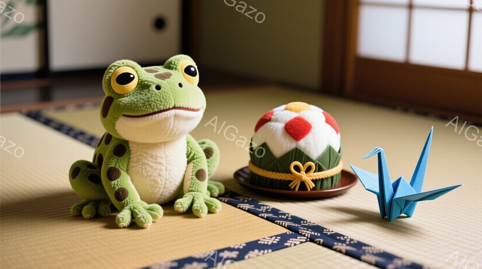 鮮やかな緑色のカエルのおもちゃが、畳の上に座って正面を見ています。背景には白い障子と、青い模様の敷物が敷かれており、その隣には赤い鞠と青い折り鶴が置かれています。全体的に、和風で落ち着いた、お祝いや縁 - AI生成フリー素材