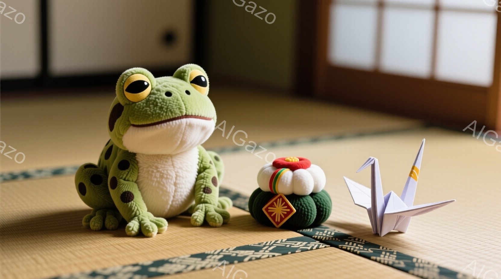 鮮やかな緑色のカエルのぬいぐるみ、鞠のような人形、そして折り紙の鶴が畳の上に並んでいます。カエルは正面を向いており、人形で鶴に興味を持っているかのような視線を送っています。背景には、障子戸が見え、落ち着いた和の雰囲気が漂っています。