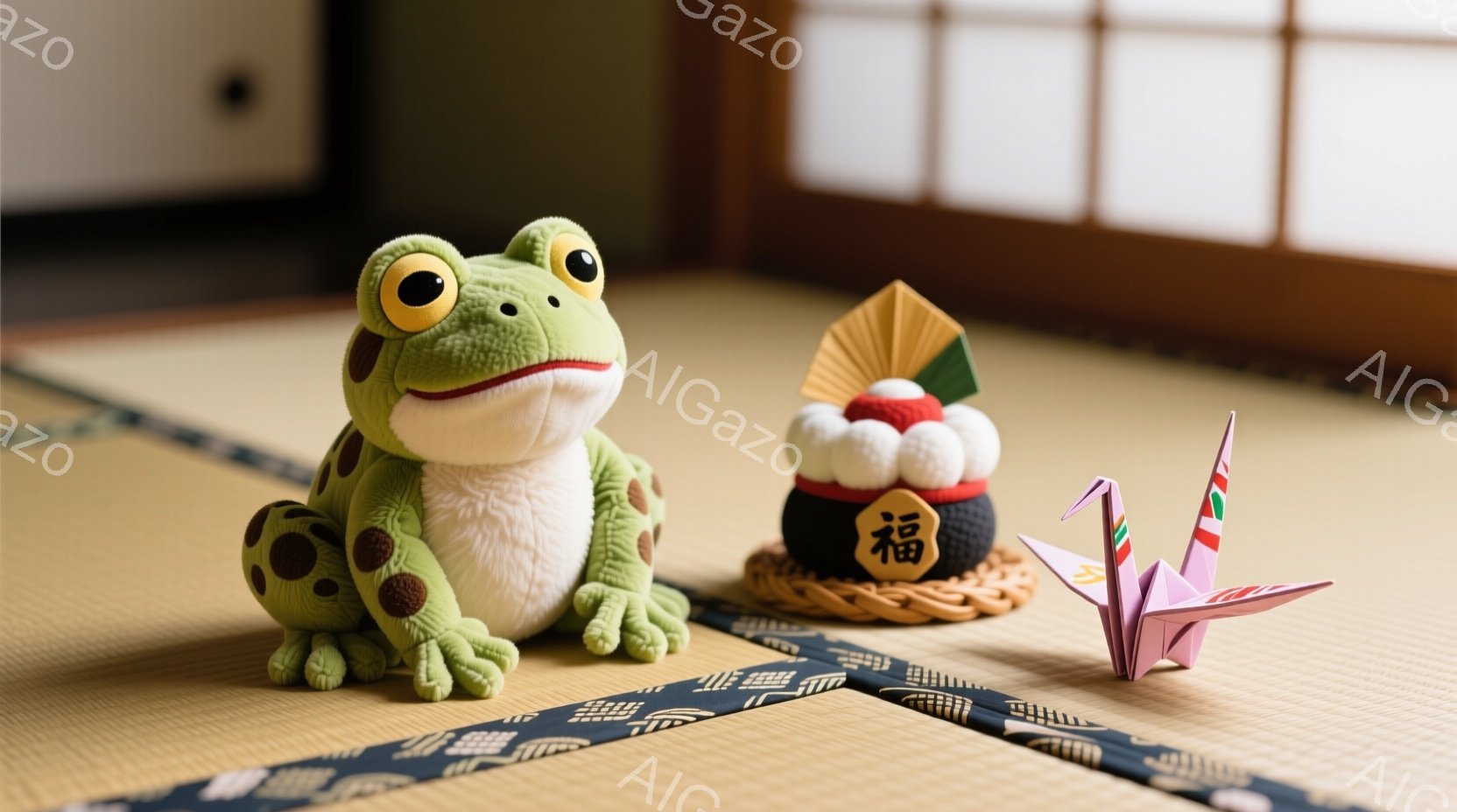 鮮やかな緑色のカエルのおもちゃが、畳の上に座っています。その前には、「福」と書かれた可愛らしい飾りと、折り紙の鶴が置かれており、お正月らしい雰囲気を醸し出しています。全体的に明るく、温かみのある構図で、縁起の良い新年の飾り付けが印象的です。