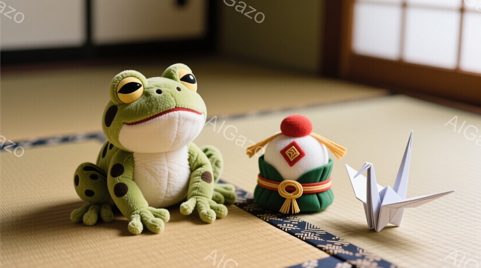 畳の上に、緑色のカエルのおもちゃと、兜を被った小さなお人形、そして折り紙の鶴が並んでいる。カエルはつぶらな瞳でこちらを見つめ、お人形は威厳のある表情を浮かべているように見える。背景は畳の部屋で、全体的に落ち着いた、日本の伝統的な雰囲気が漂っている。